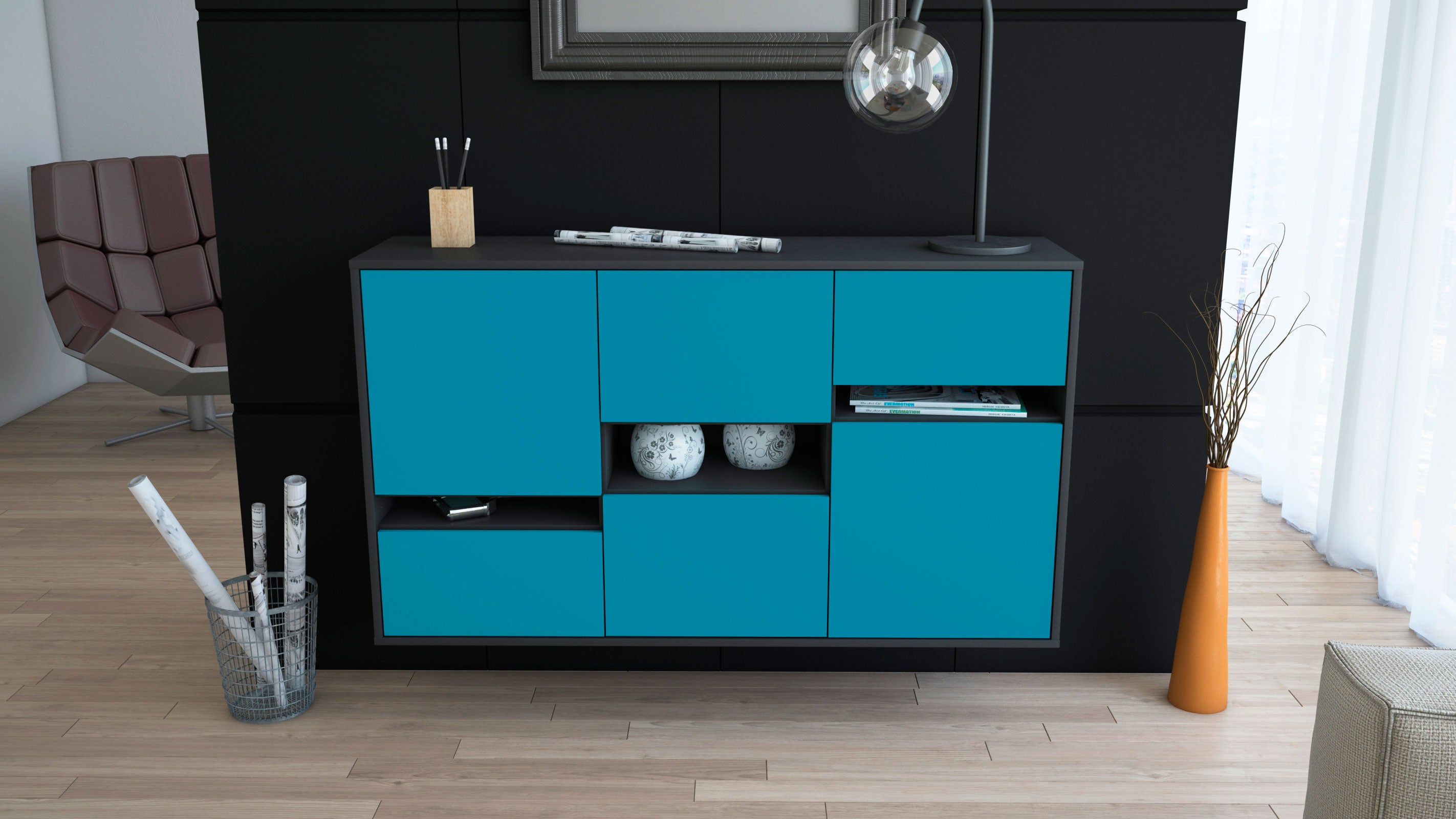 Sideboard - Egizia - Design Farbakzent - Wandmontage mit Push to Open 136 cm Anthrazit
