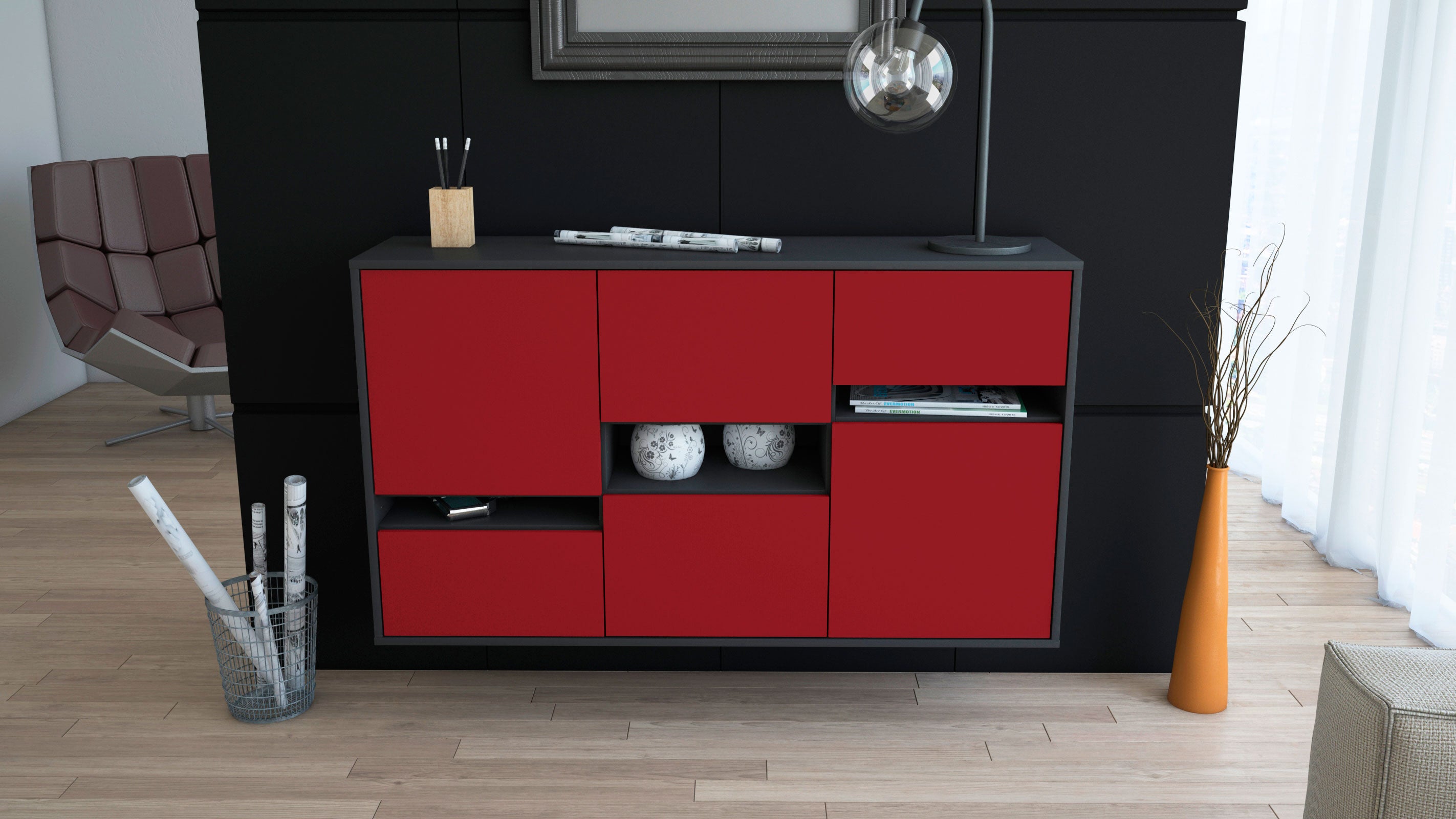 Sideboard - Egizia - Design Farbakzent - Wandmontage mit Push to Open 136 cm Anthrazit