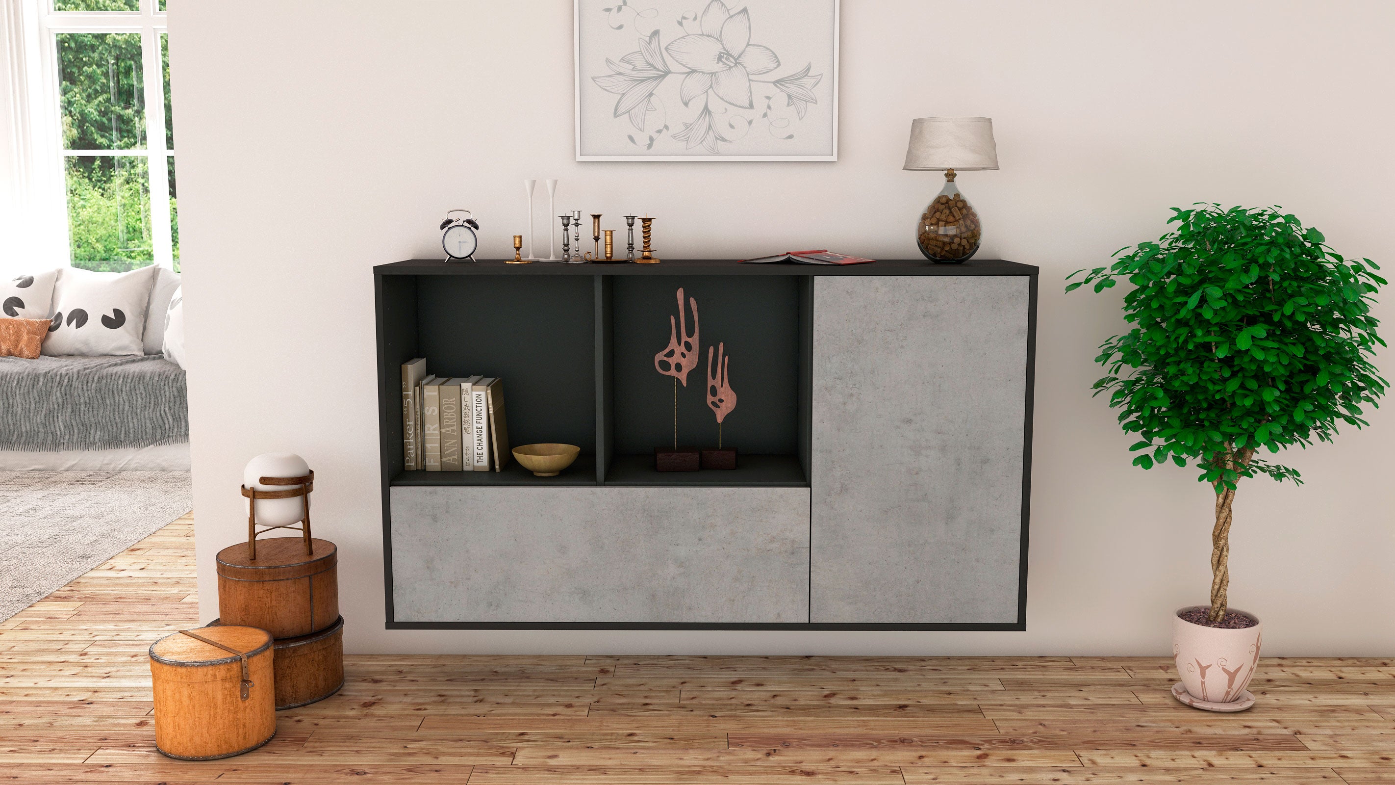 Sideboard - Ela - Design Industrie Stil - Wandmontage mit Push to Open 136 cm Anthrazit