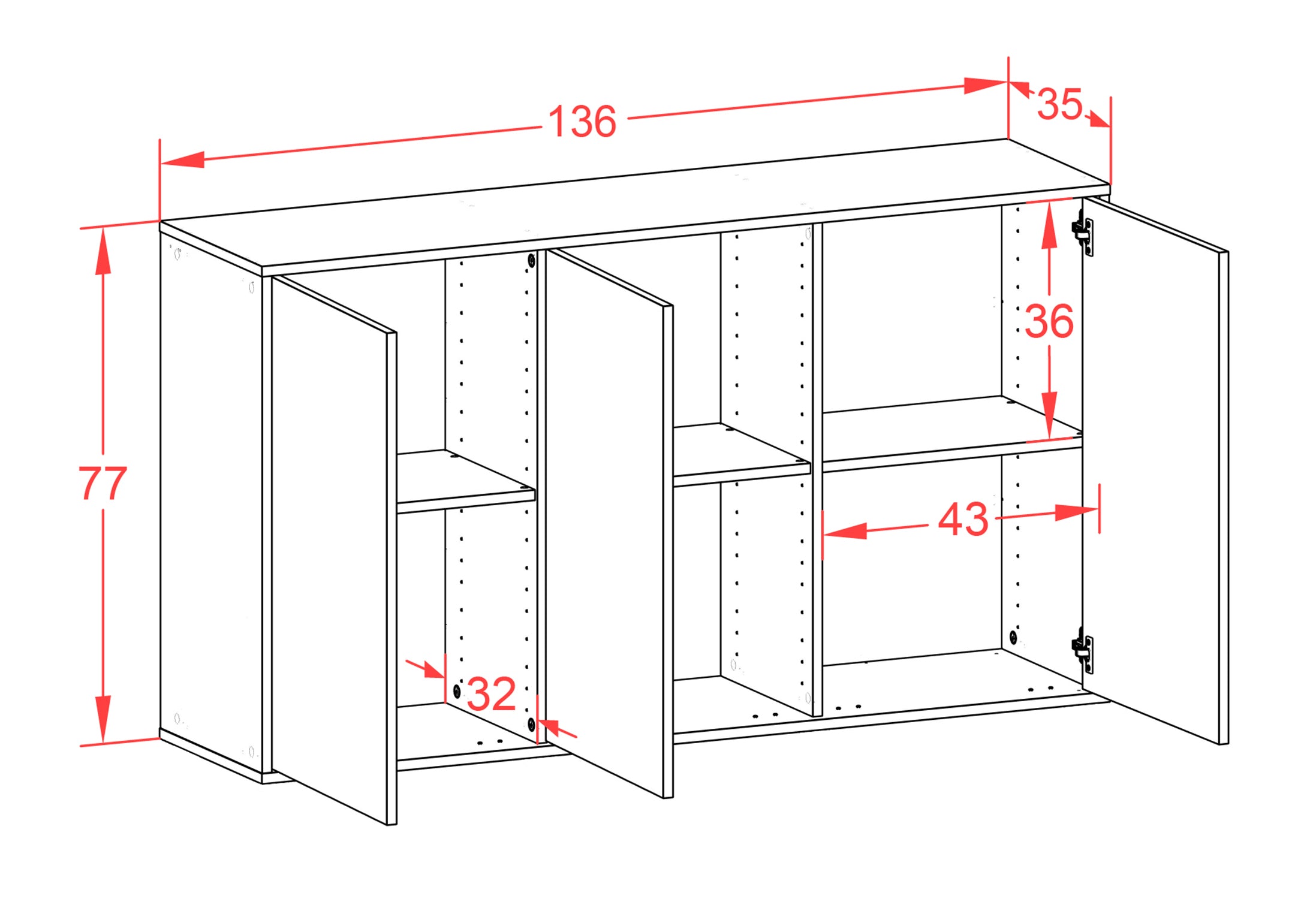 Sideboard - Delia - Design Industrie Stil - Wandmontage mit Push to Open 136 cm Weiss