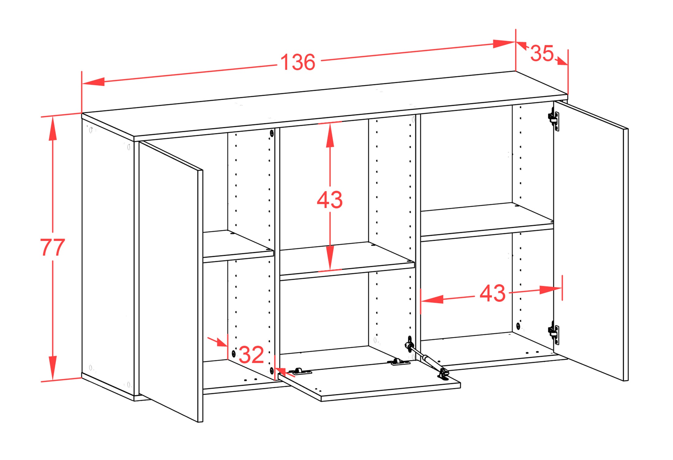 Sideboard - Dhonna - Design Hochglanz - Wandmontage mit Push to Open 136 cm Anthrazit