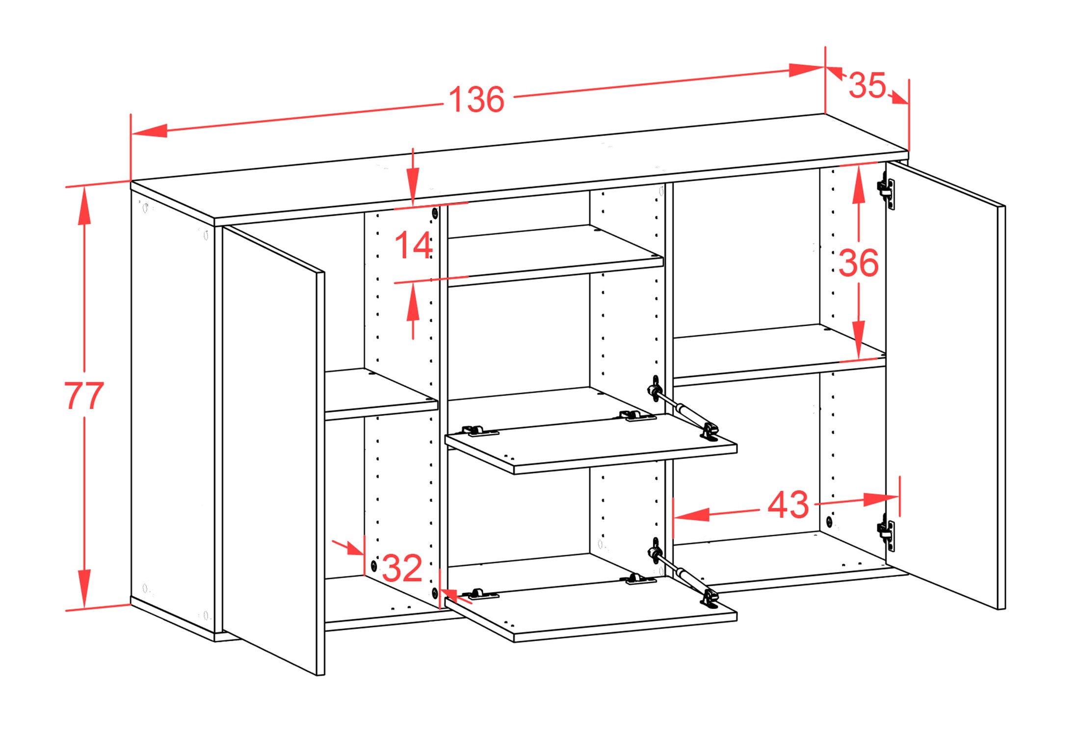 Sideboard - Dimphi - Design Industrie Stil - Wandmontage mit Push to Open 136 cm Anthrazit