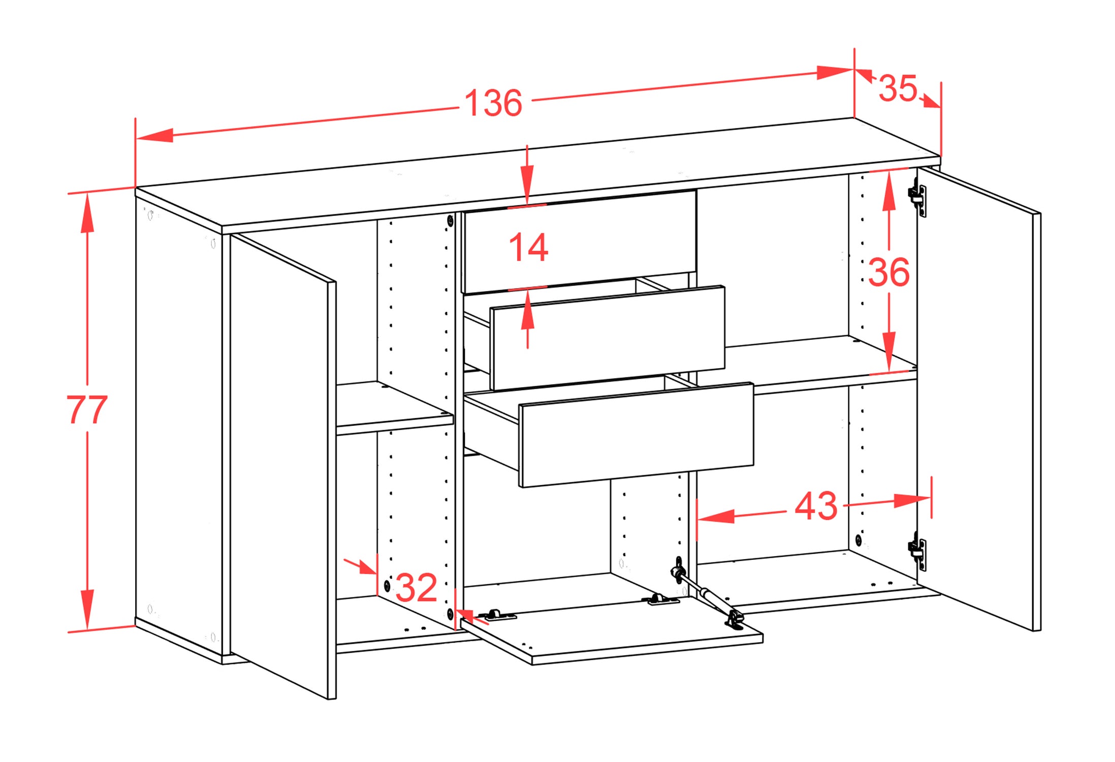 Sideboard - Donatella - Design Industrie Stil - Wandmontage mit Push to Open 136 cm Anthrazit