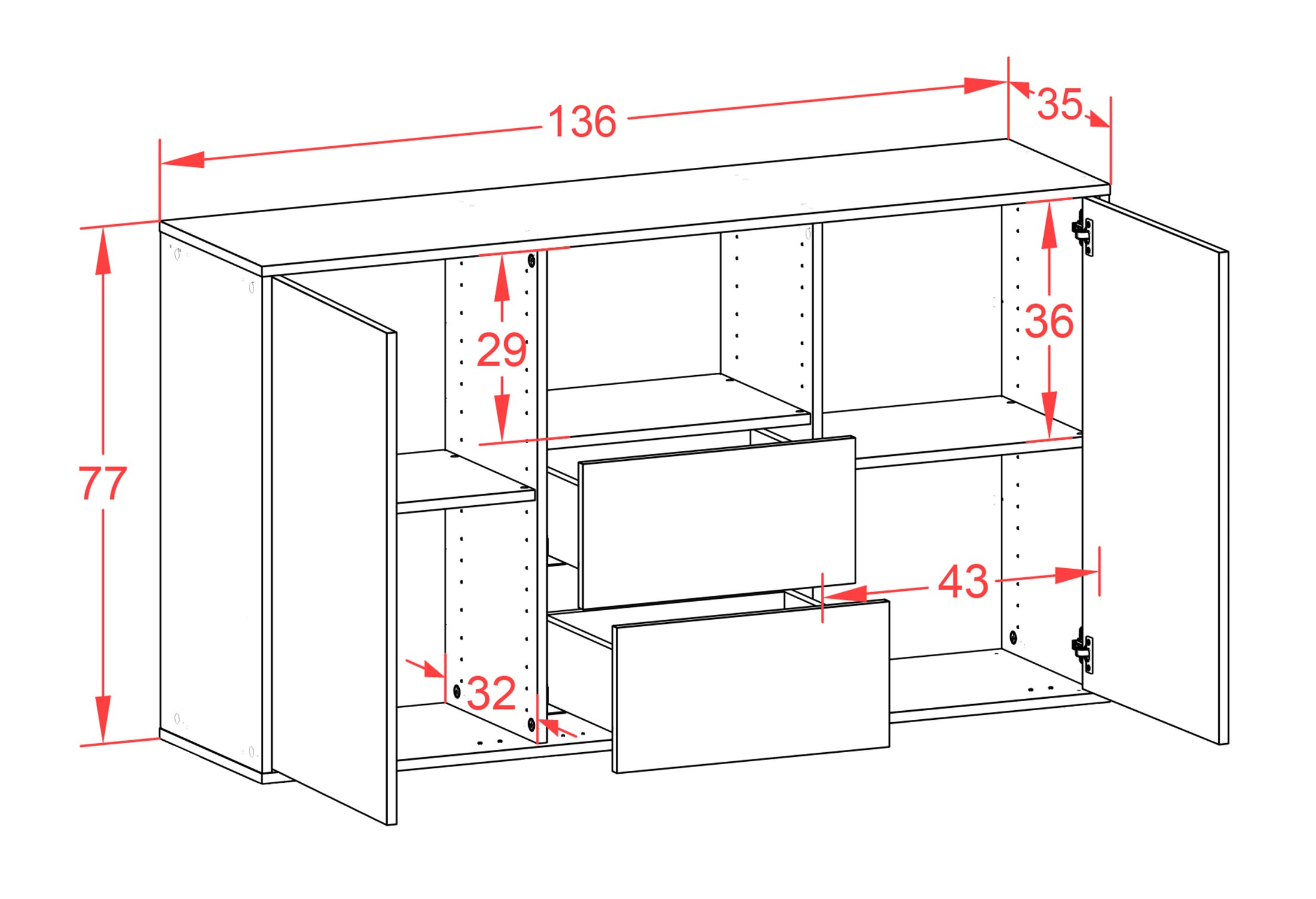 Sideboard - Donika - Design Holzdekor - Wandmontage mit Push to Open 136 cm Weiss