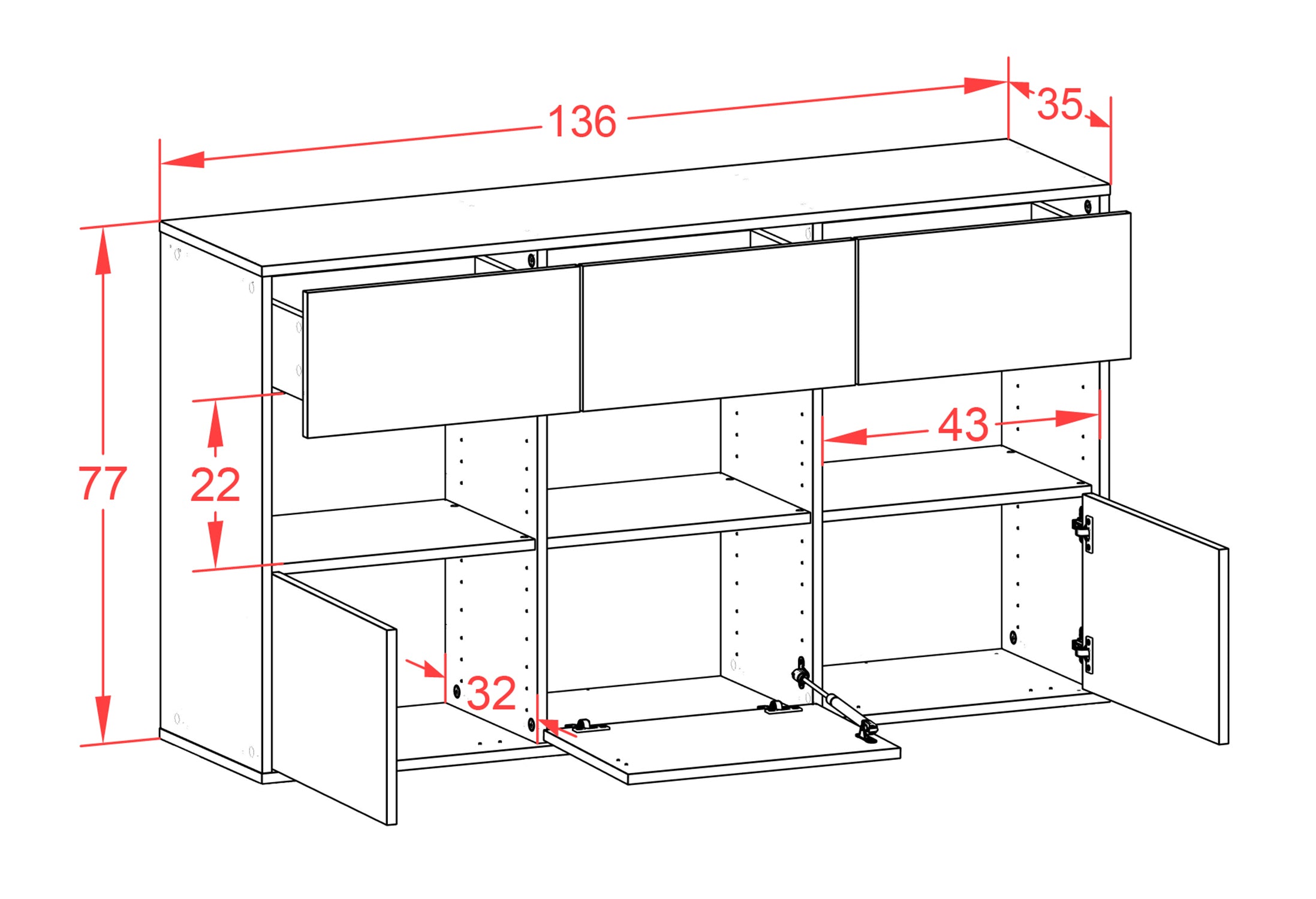 Sideboard - Dorett - Design Hochglanz - Wandmontage mit Push to Open 136 cm Anthrazit