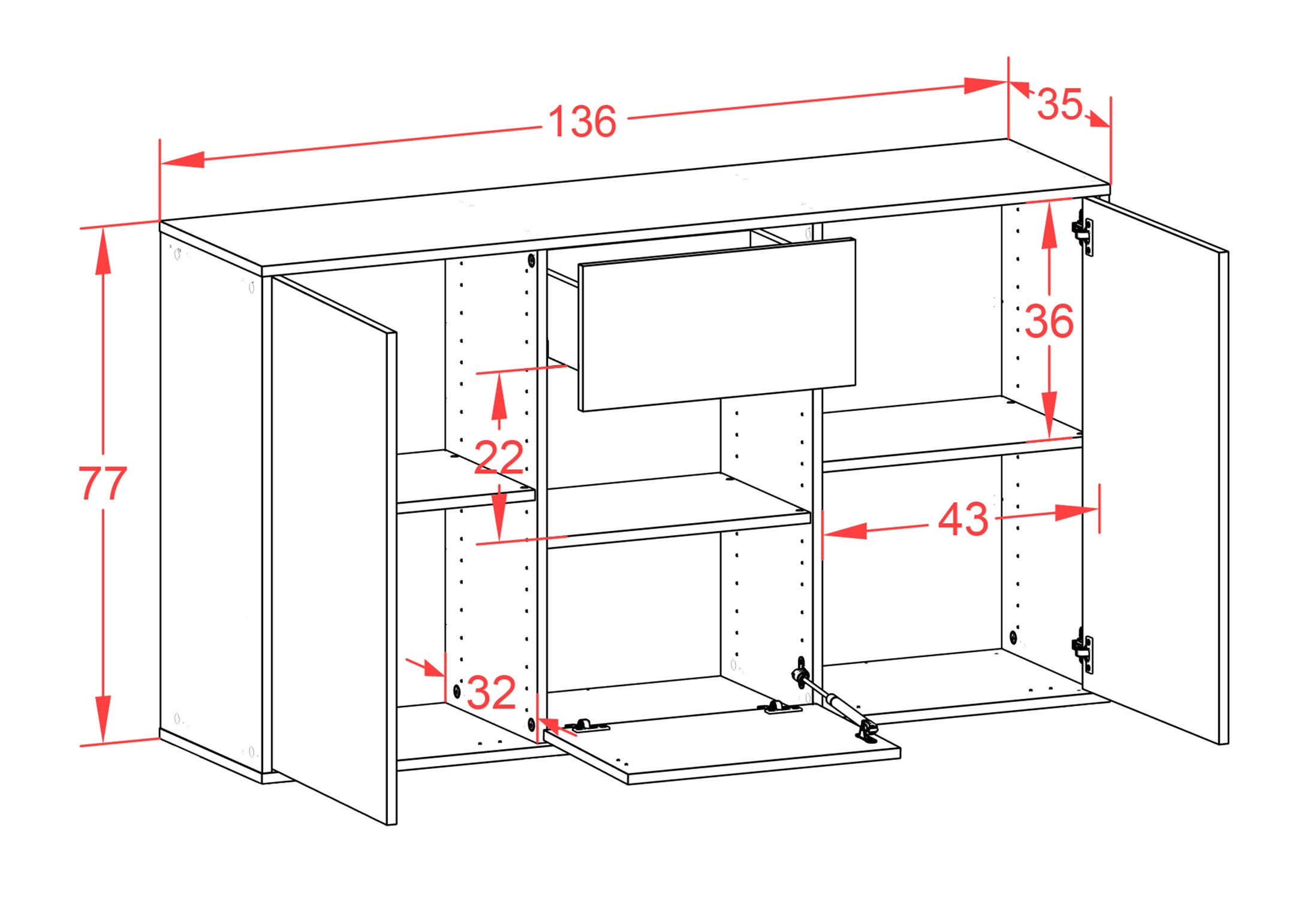 Sideboard - Doriana - Design Industrie Stil - Wandmontage mit Push to Open 136 cm Anthrazit