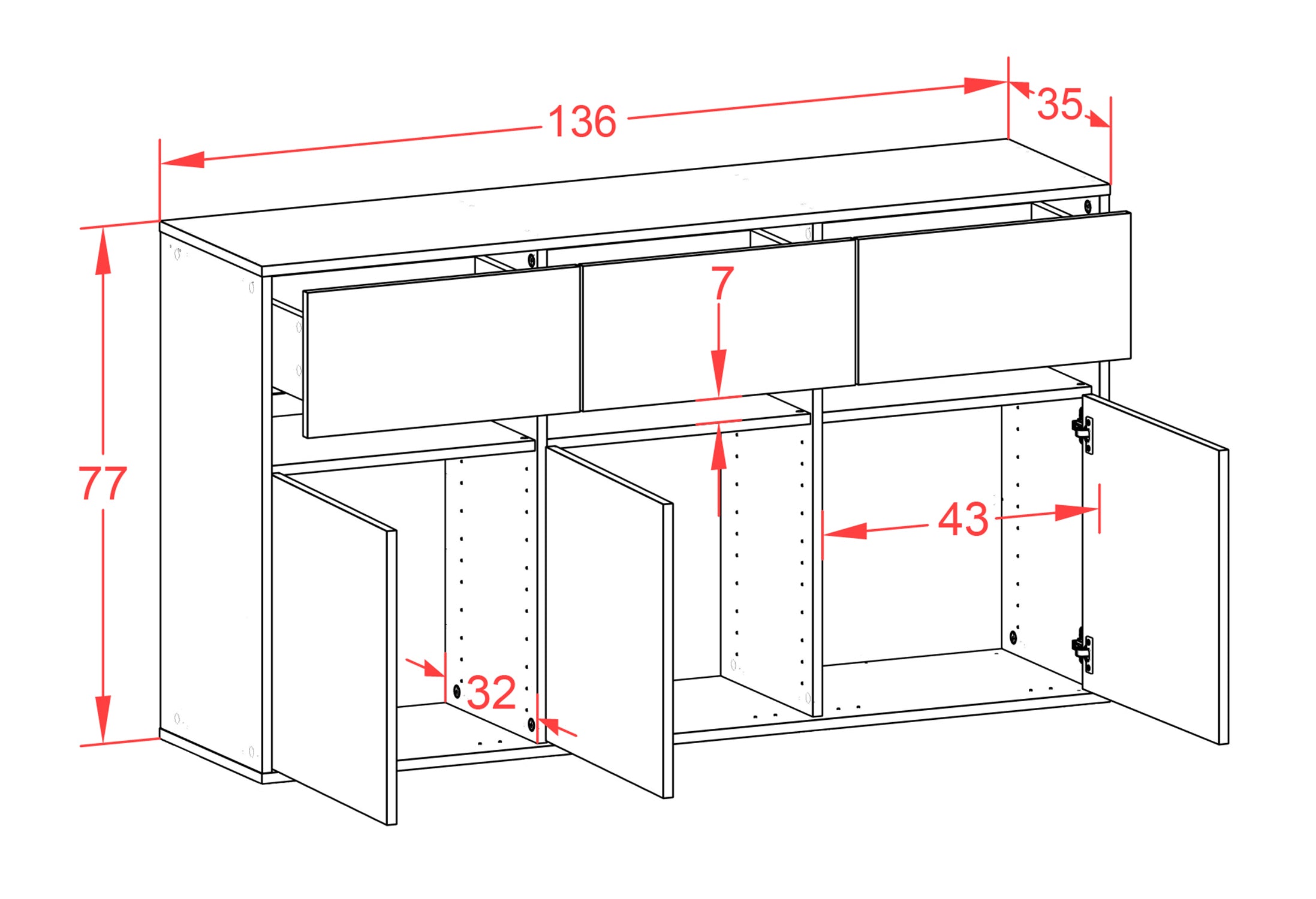 Sideboard - Dorinde - Design Industrie Stil - Wandmontage mit Push to Open 136 cm Anthrazit