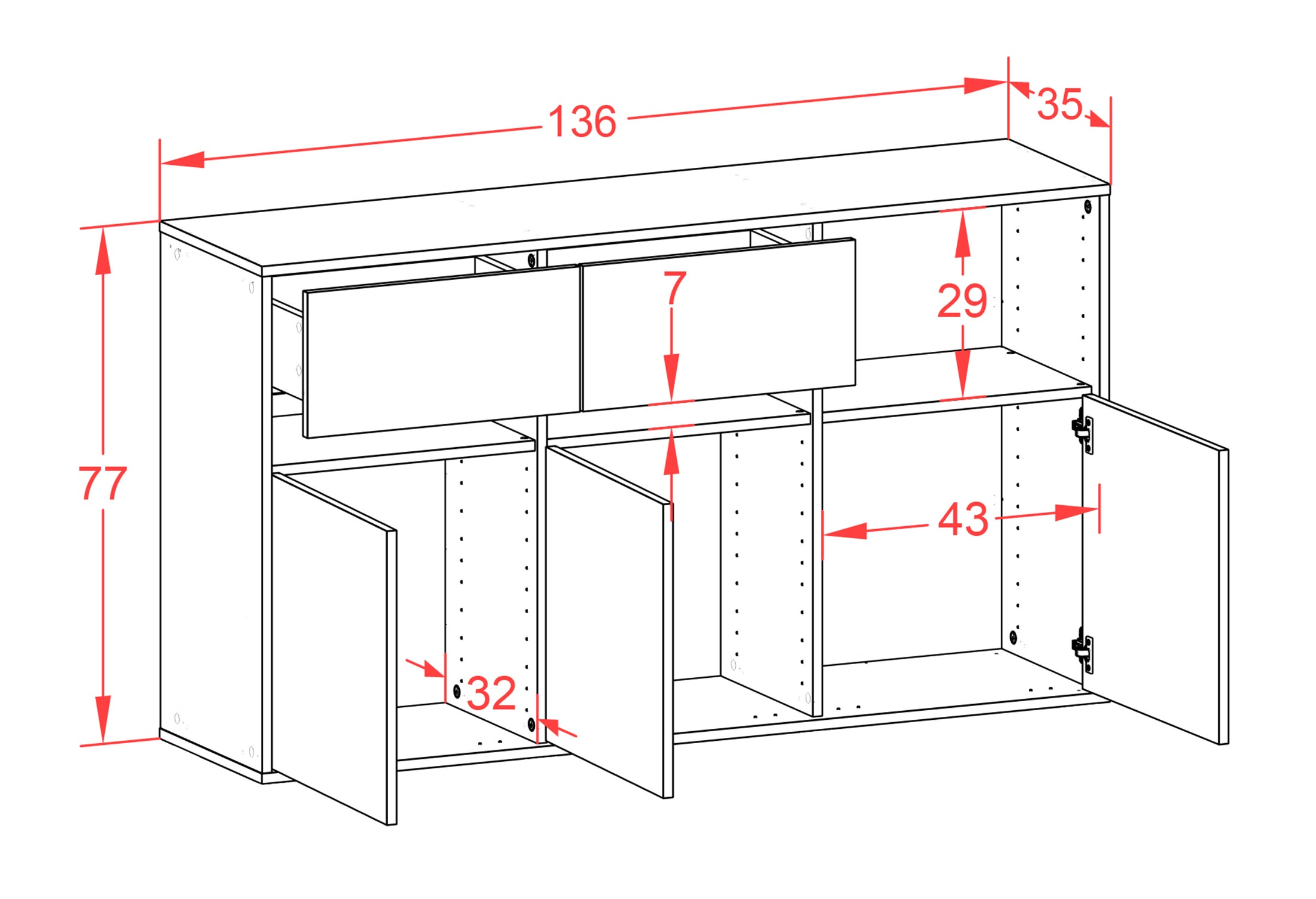 Sideboard - Dorotea - Design Industrie Stil - Wandmontage mit Push to Open 136 cm Anthrazit