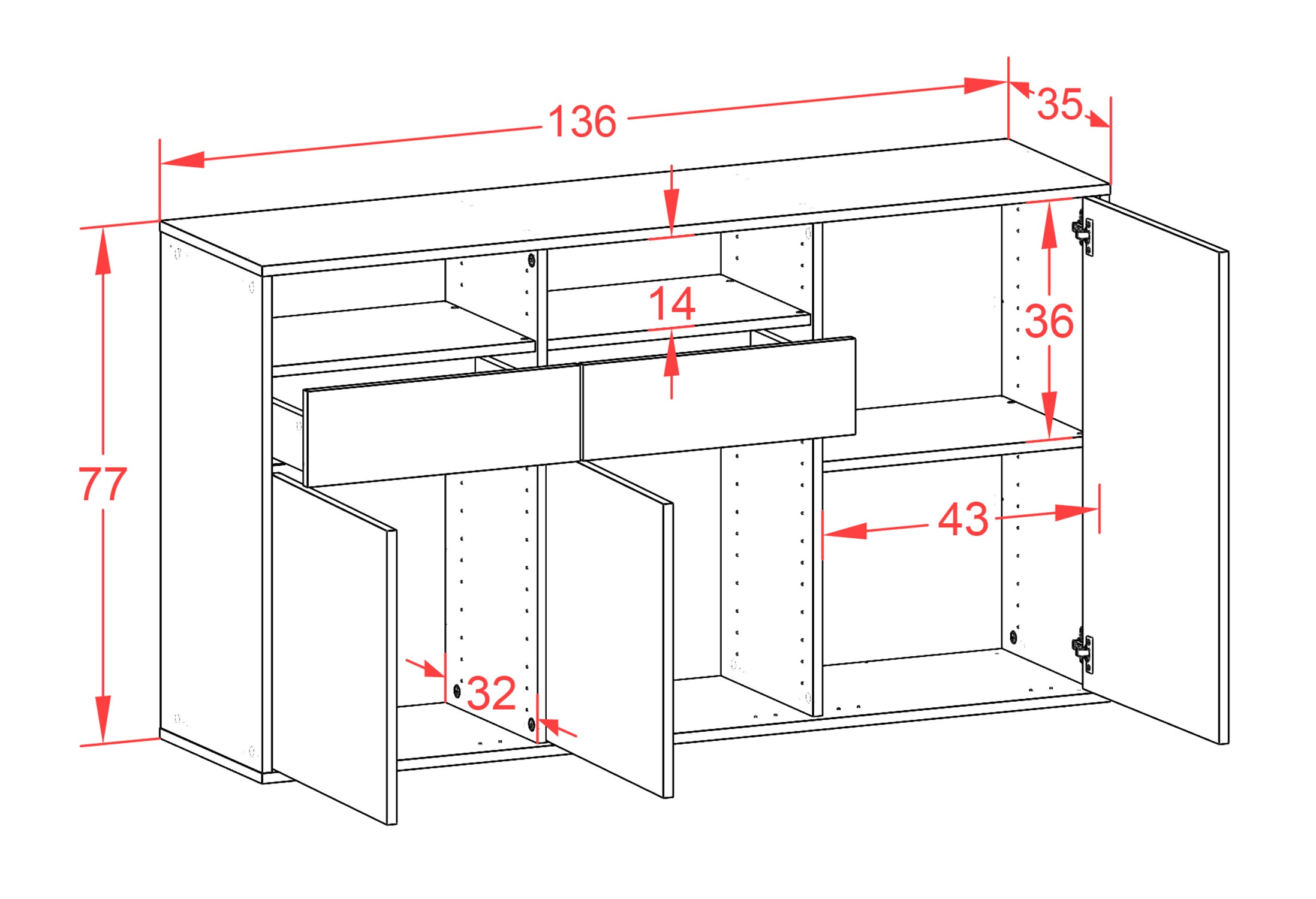 Sideboard - Editta - Design Industrie Stil - Wandmontage mit Push to Open 136 cm Anthrazit