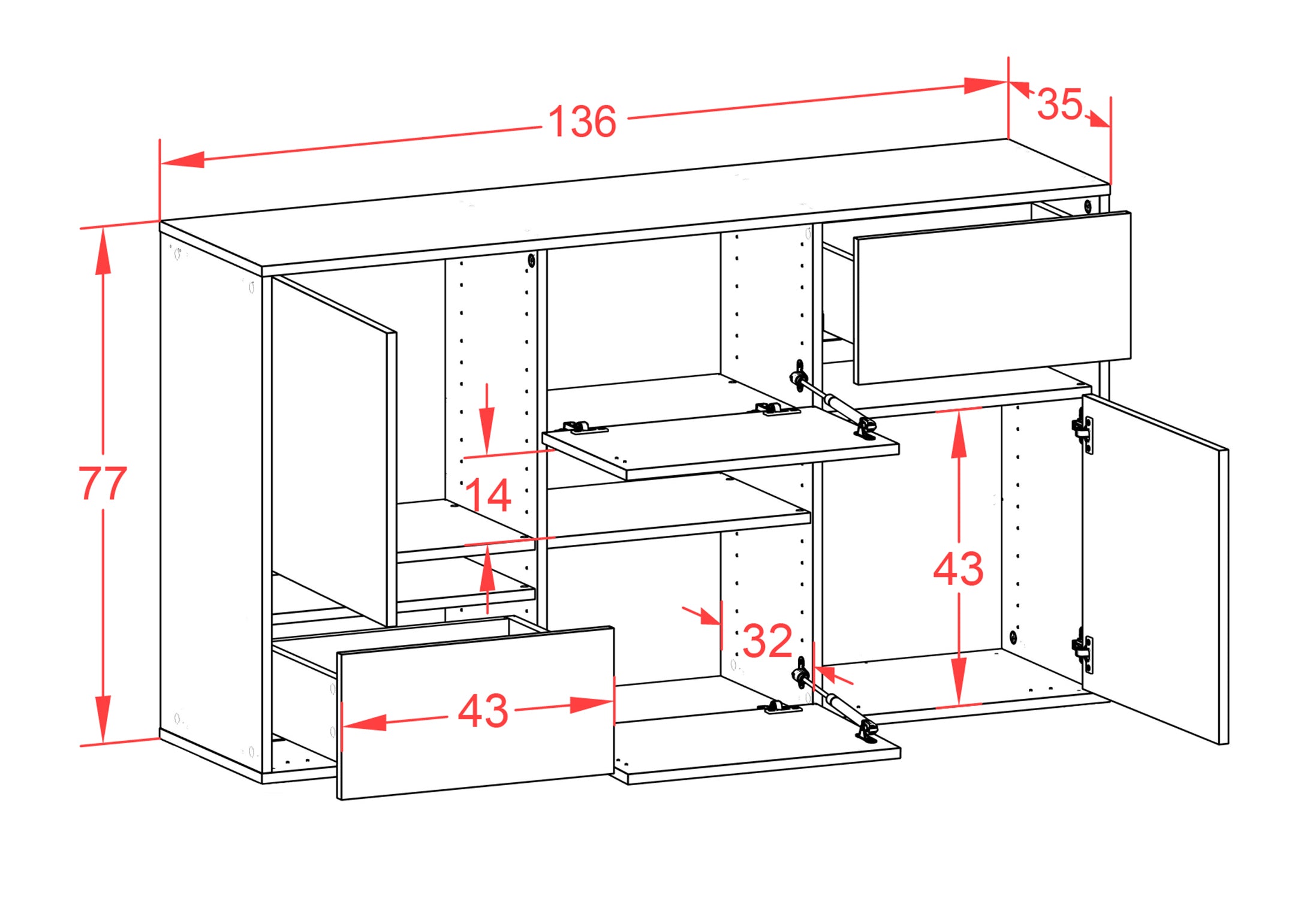 Sideboard - Egizia - Design Farbakzent - Wandmontage mit Push to Open 136 cm Anthrazit