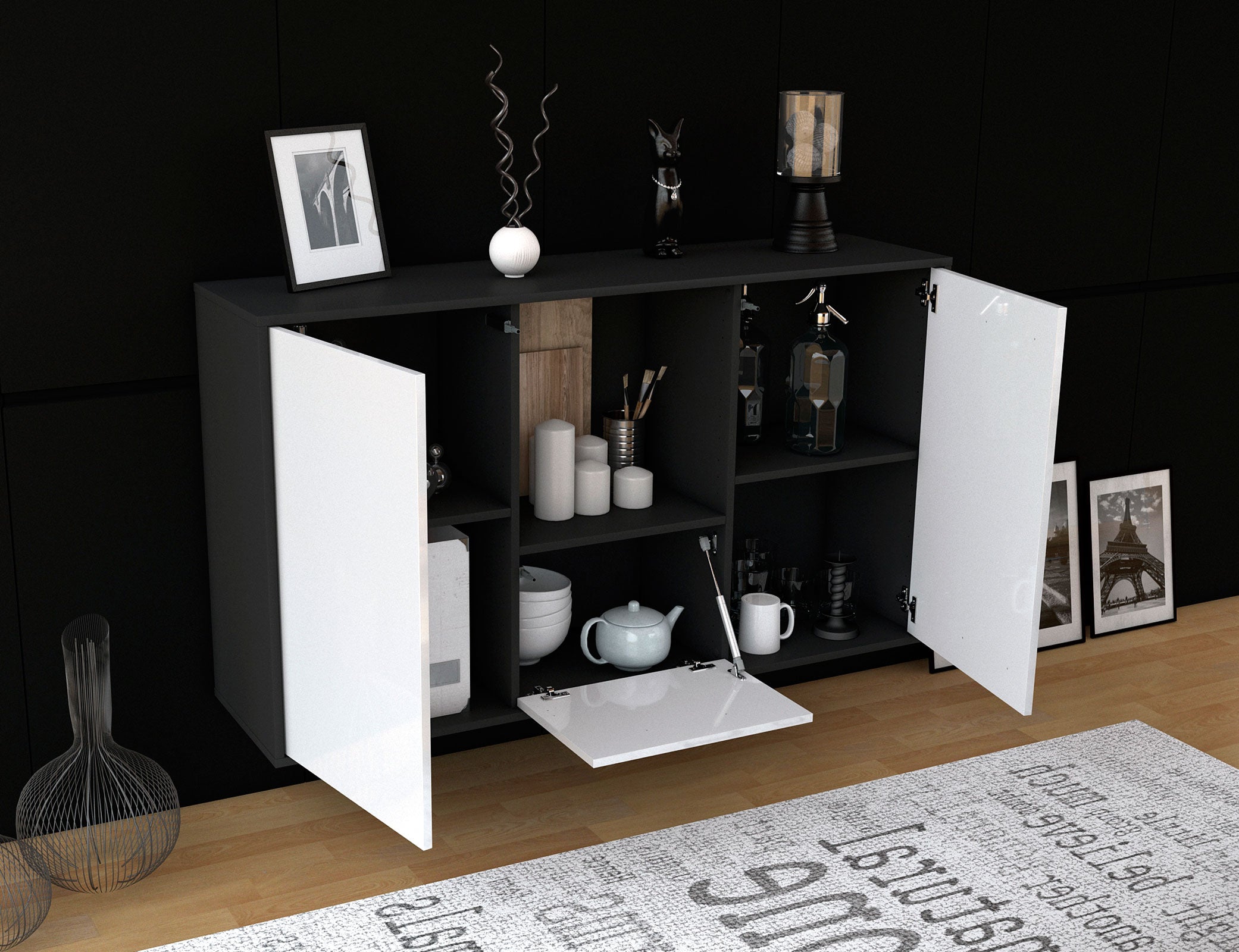 Sideboard - Dhonna - Design Hochglanz - Wandmontage mit Push to Open 136 cm Anthrazit