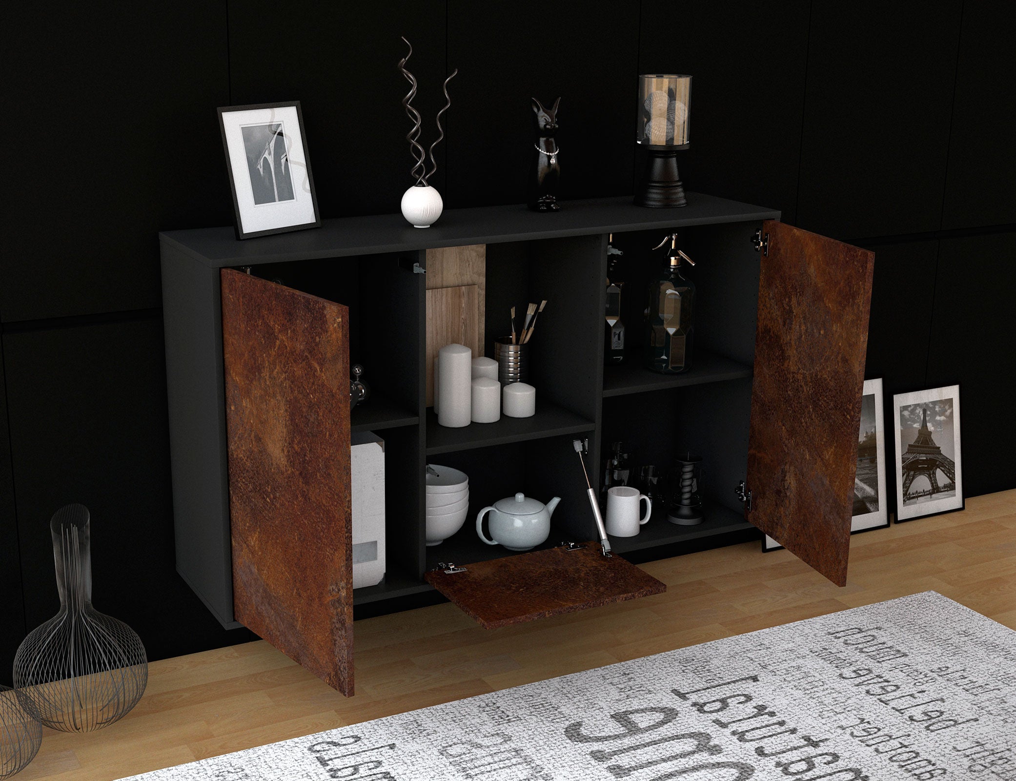 Sideboard - Dhonna - Design Industrie Stil - Wandmontage mit Push to Open 136 cm Anthrazit