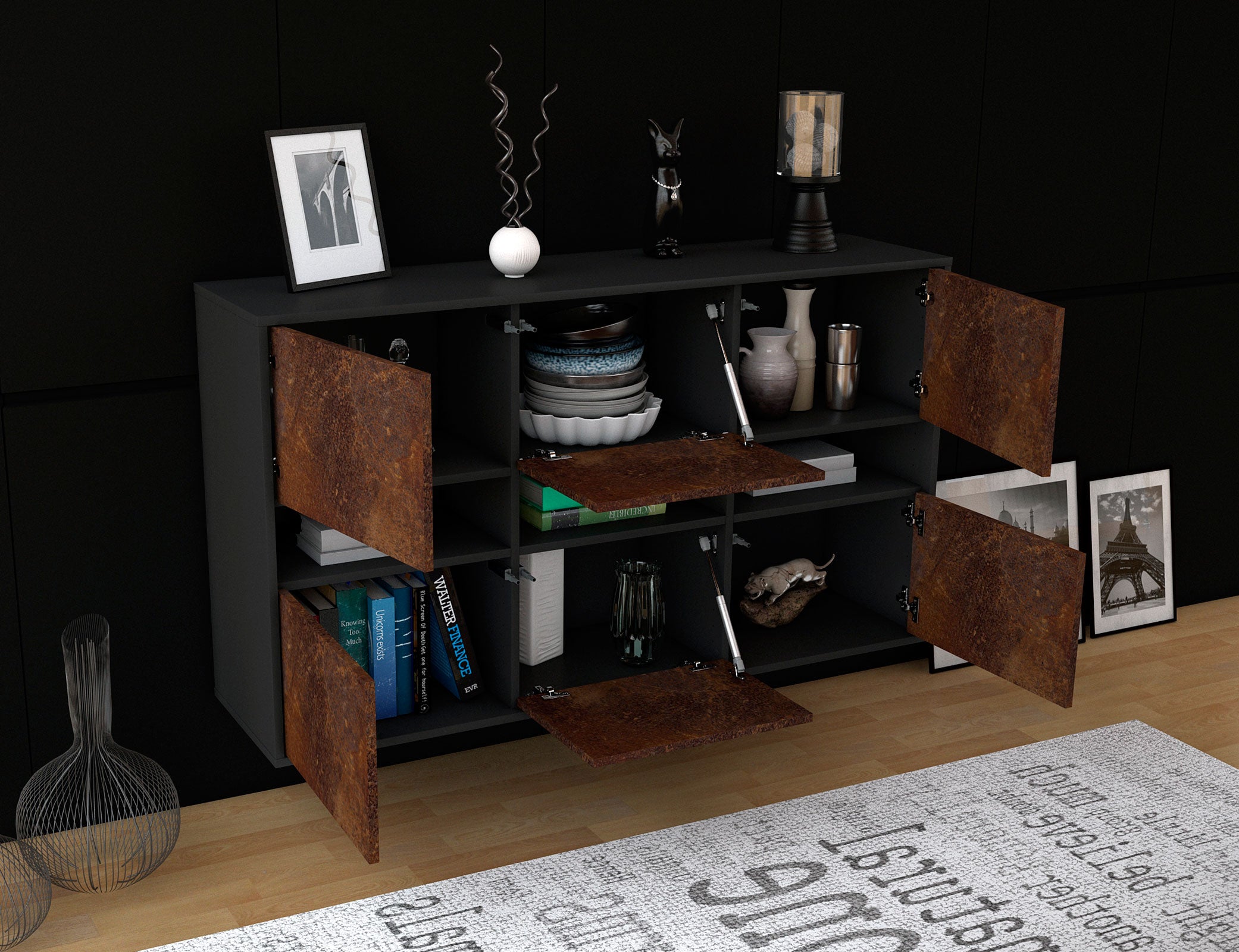 Sideboard - Diletta - Design Industrie Stil - Wandmontage mit Push to Open 136 cm Anthrazit