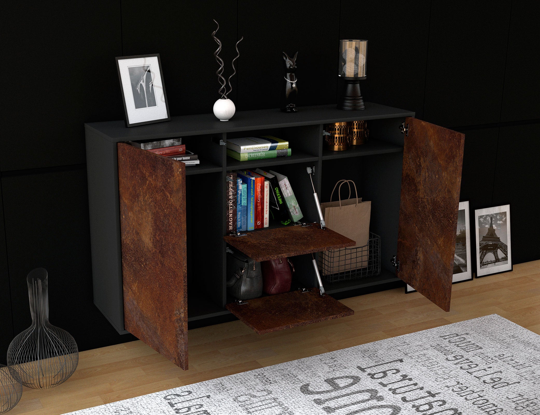 Sideboard - Dimphi - Design Industrie Stil - Wandmontage mit Push to Open 136 cm Anthrazit