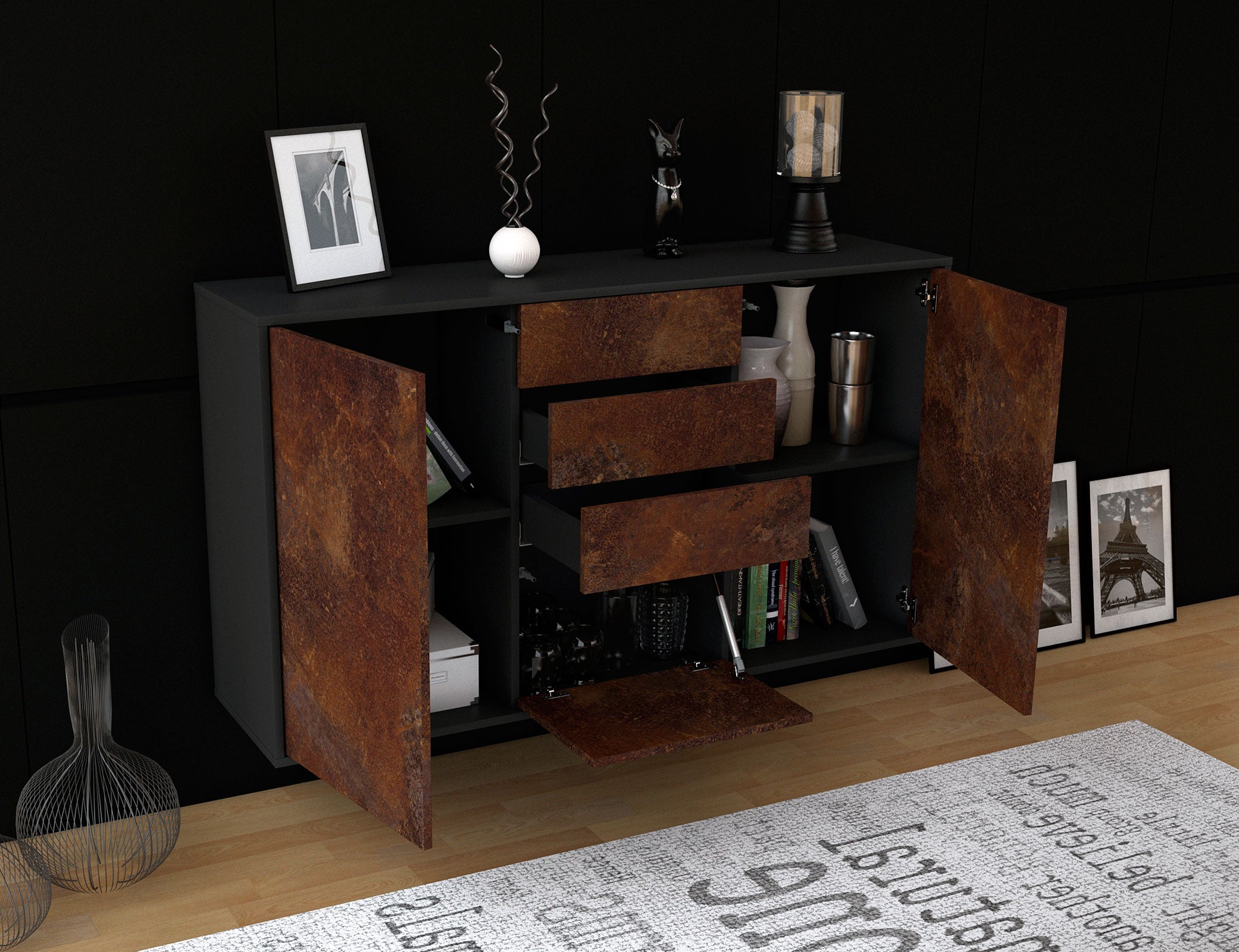 Sideboard - Donatella - Design Industrie Stil - Wandmontage mit Push to Open 136 cm Anthrazit