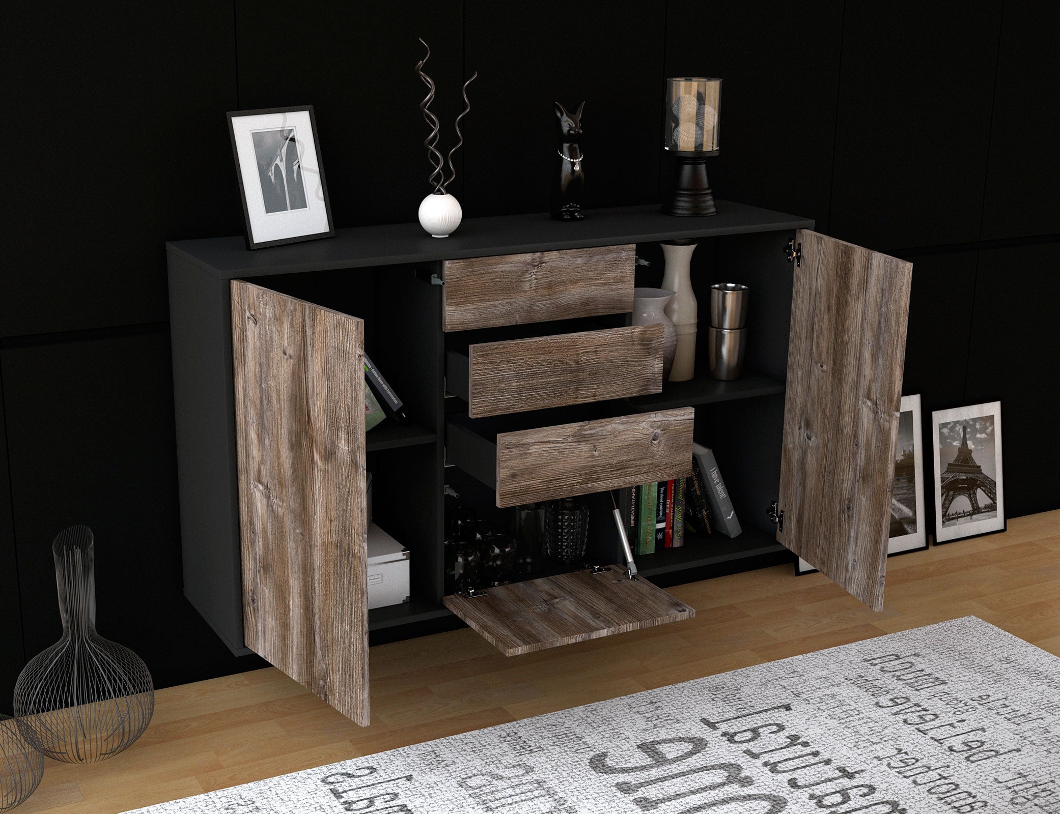Sideboard - Donatella - Design Holzdekor - Wandmontage mit Push to Open 136 cm Anthrazit