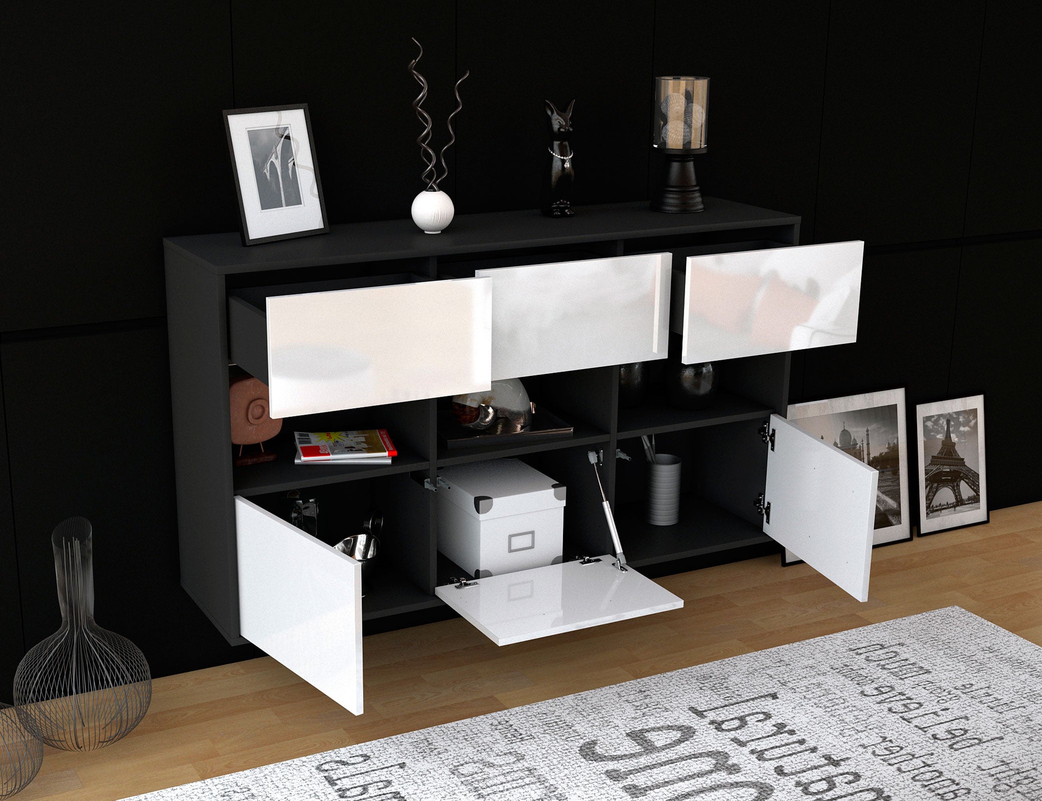 Sideboard - Dorett - Design Hochglanz - Wandmontage mit Push to Open 136 cm Anthrazit