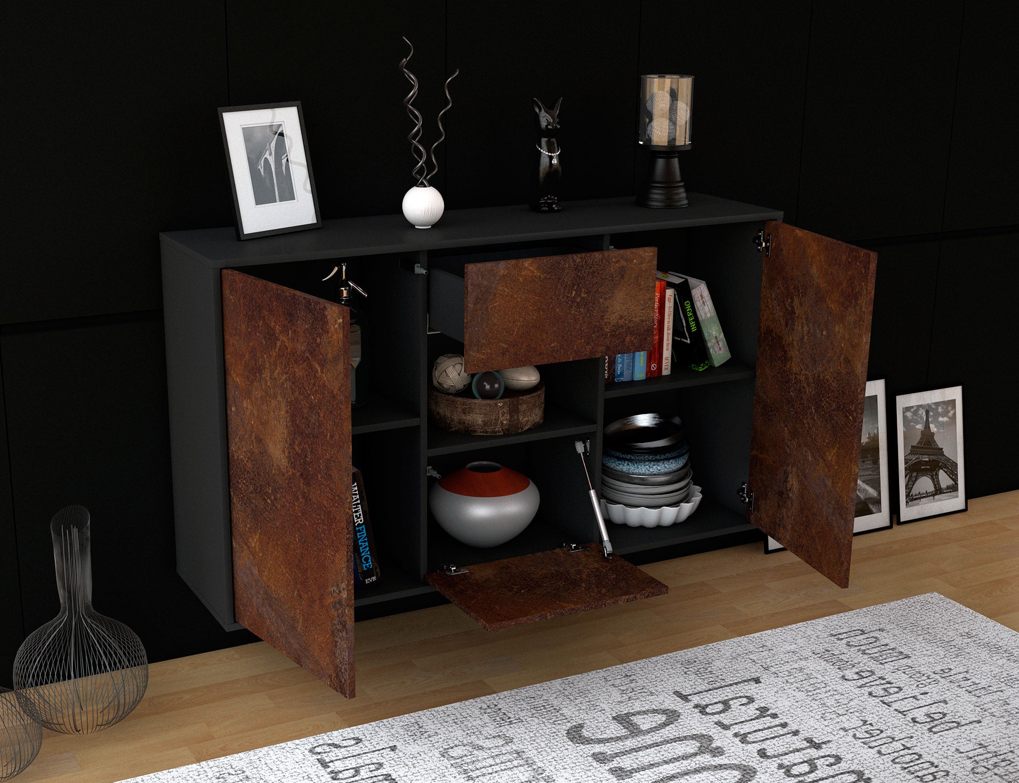 Sideboard - Doriana - Design Industrie Stil - Wandmontage mit Push to Open 136 cm Anthrazit