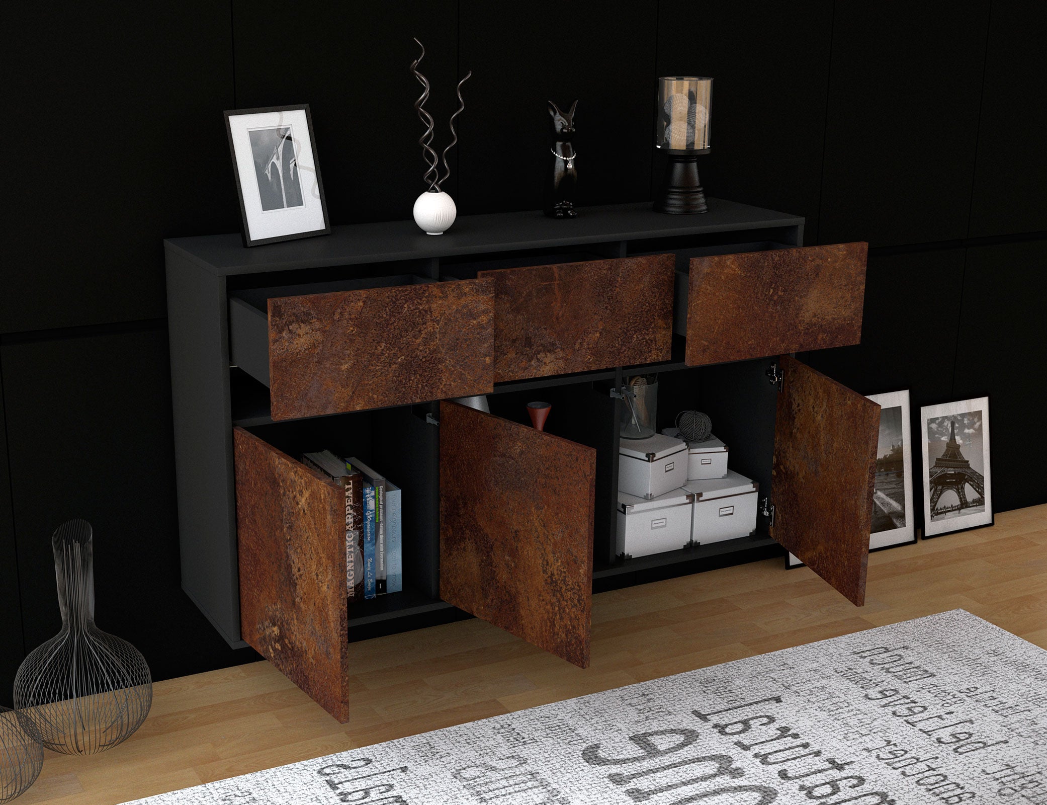 Sideboard - Dorinde - Design Industrie Stil - Wandmontage mit Push to Open 136 cm Anthrazit