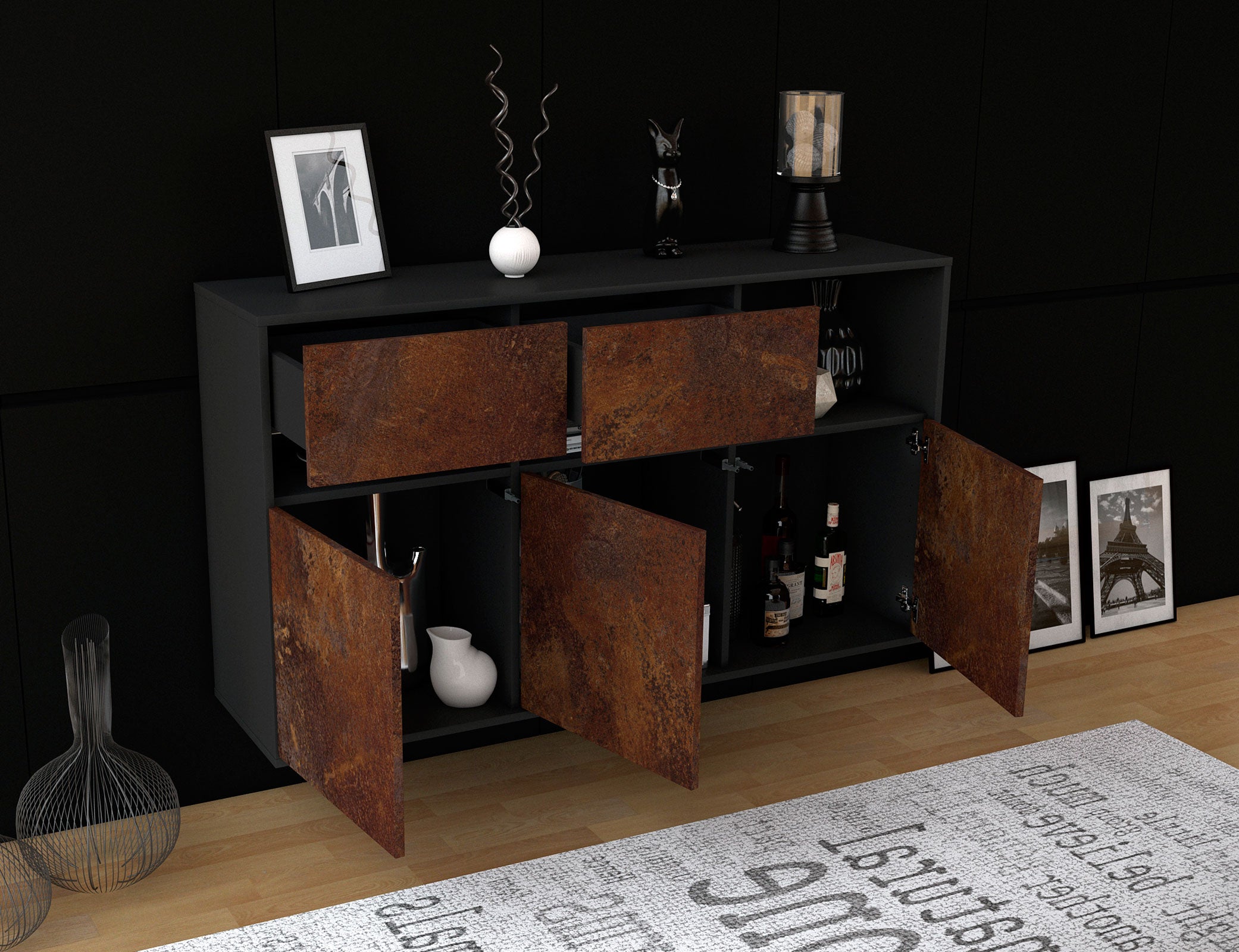 Sideboard - Dorotea - Design Industrie Stil - Wandmontage mit Push to Open 136 cm Anthrazit