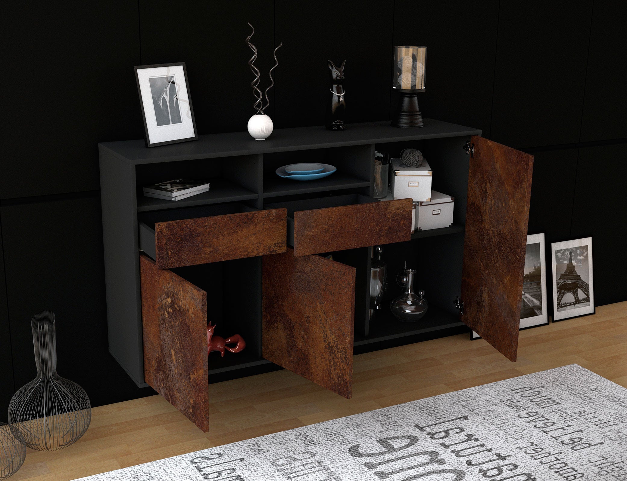 Sideboard - Editta - Design Industrie Stil - Wandmontage mit Push to Open 136 cm Anthrazit