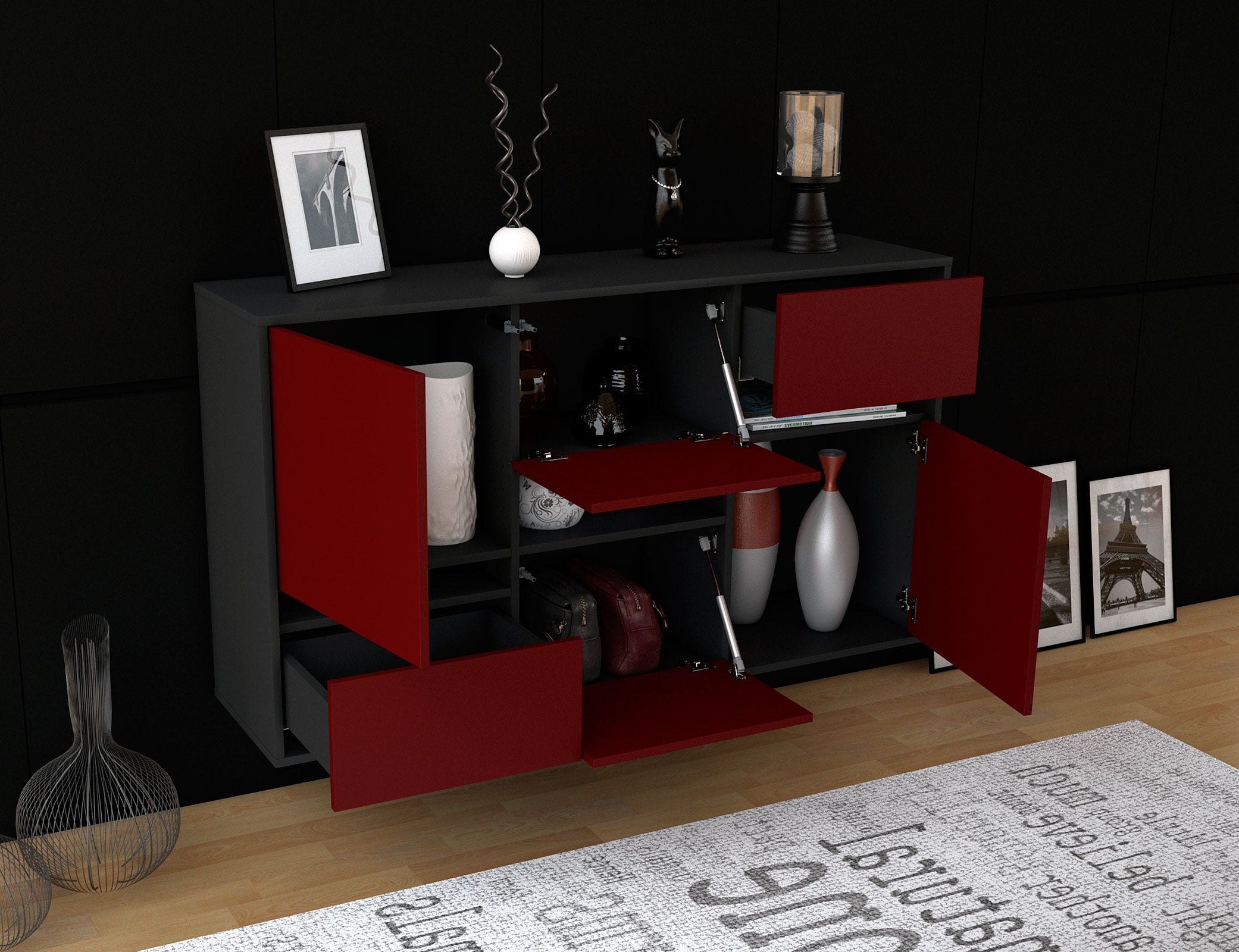 Sideboard - Egizia - Design Farbakzent - Wandmontage mit Push to Open 136 cm Anthrazit