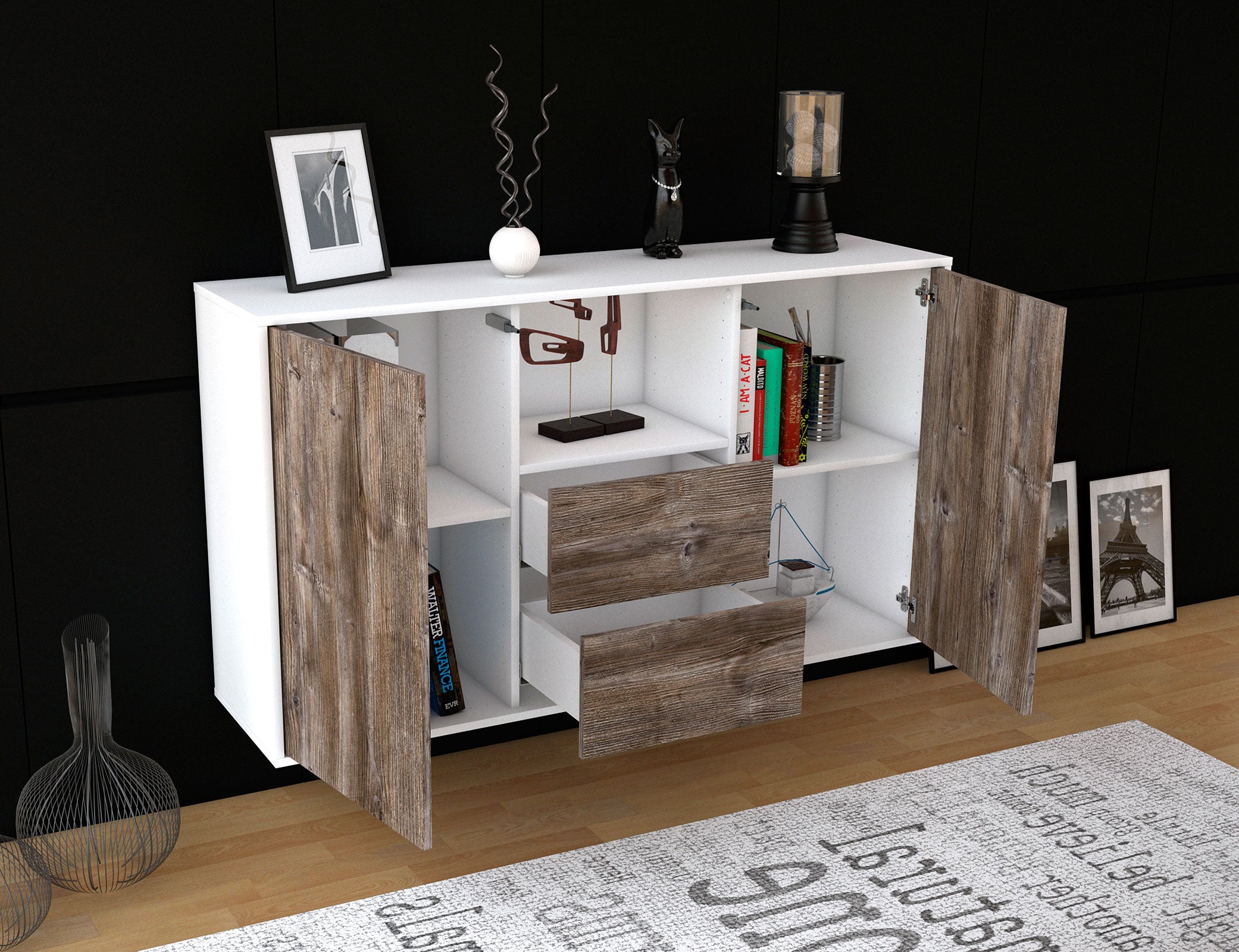 Sideboard - Donika - Design Holzdekor - Wandmontage mit Push to Open 136 cm Weiss