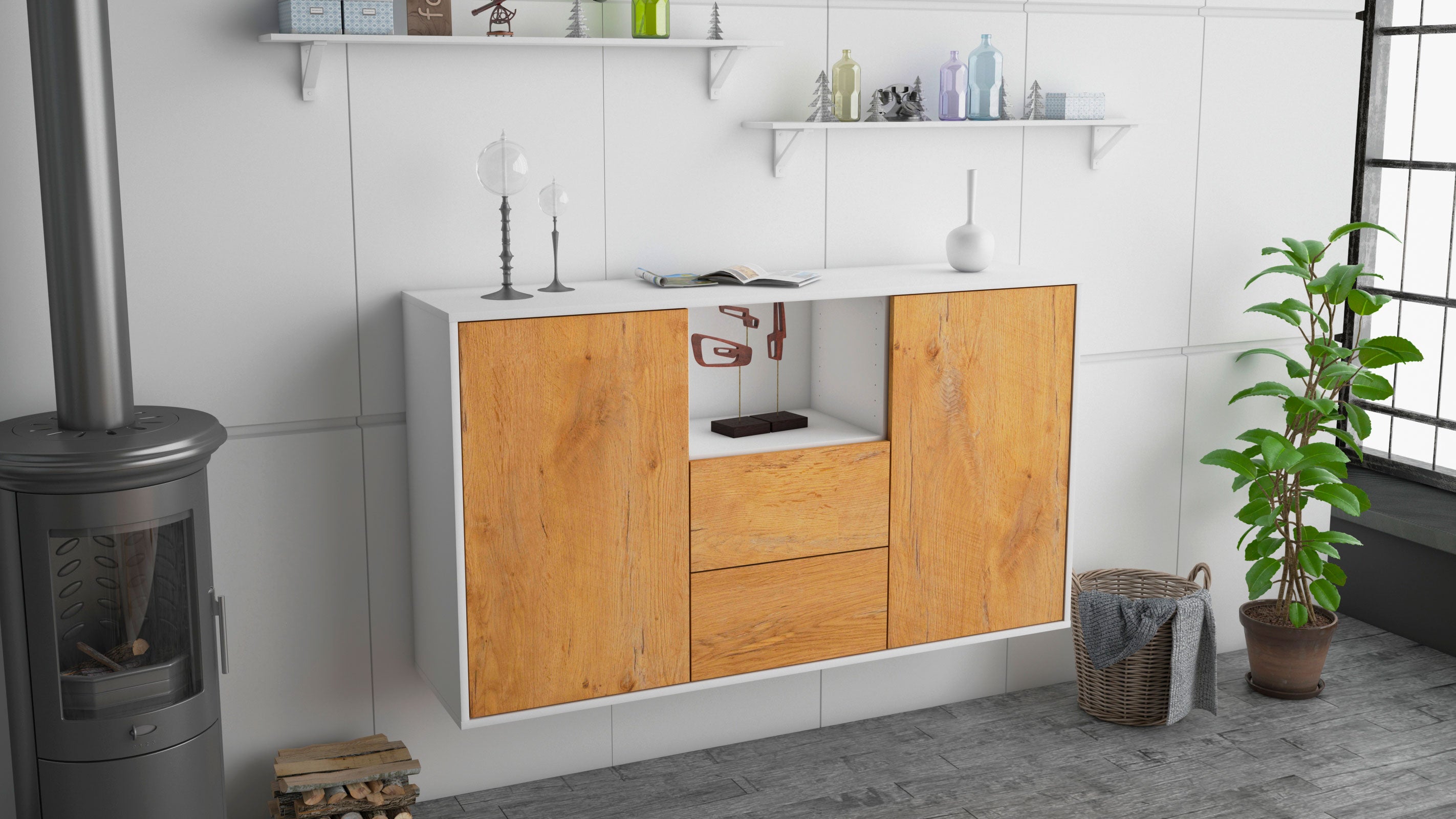 Sideboard - Donika - Design Holzdekor - Wandmontage mit Push to Open 136 cm Weiss