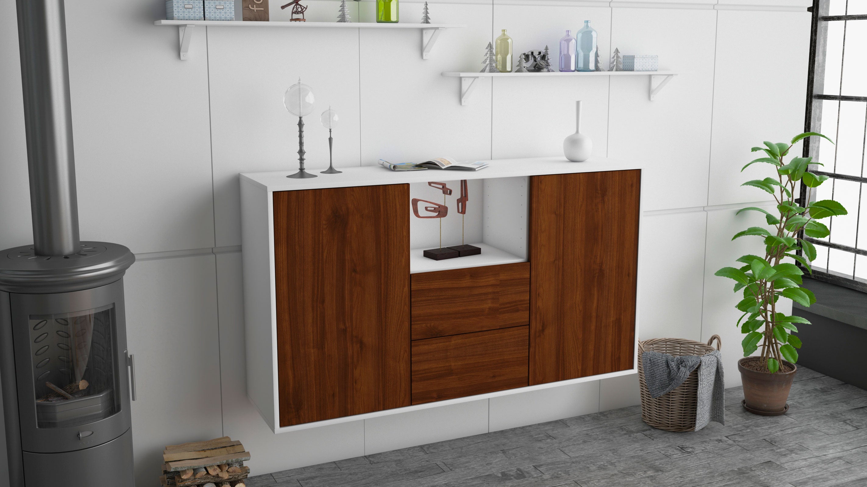 Sideboard - Donika - Design Holzdekor - Wandmontage mit Push to Open 136 cm Weiss