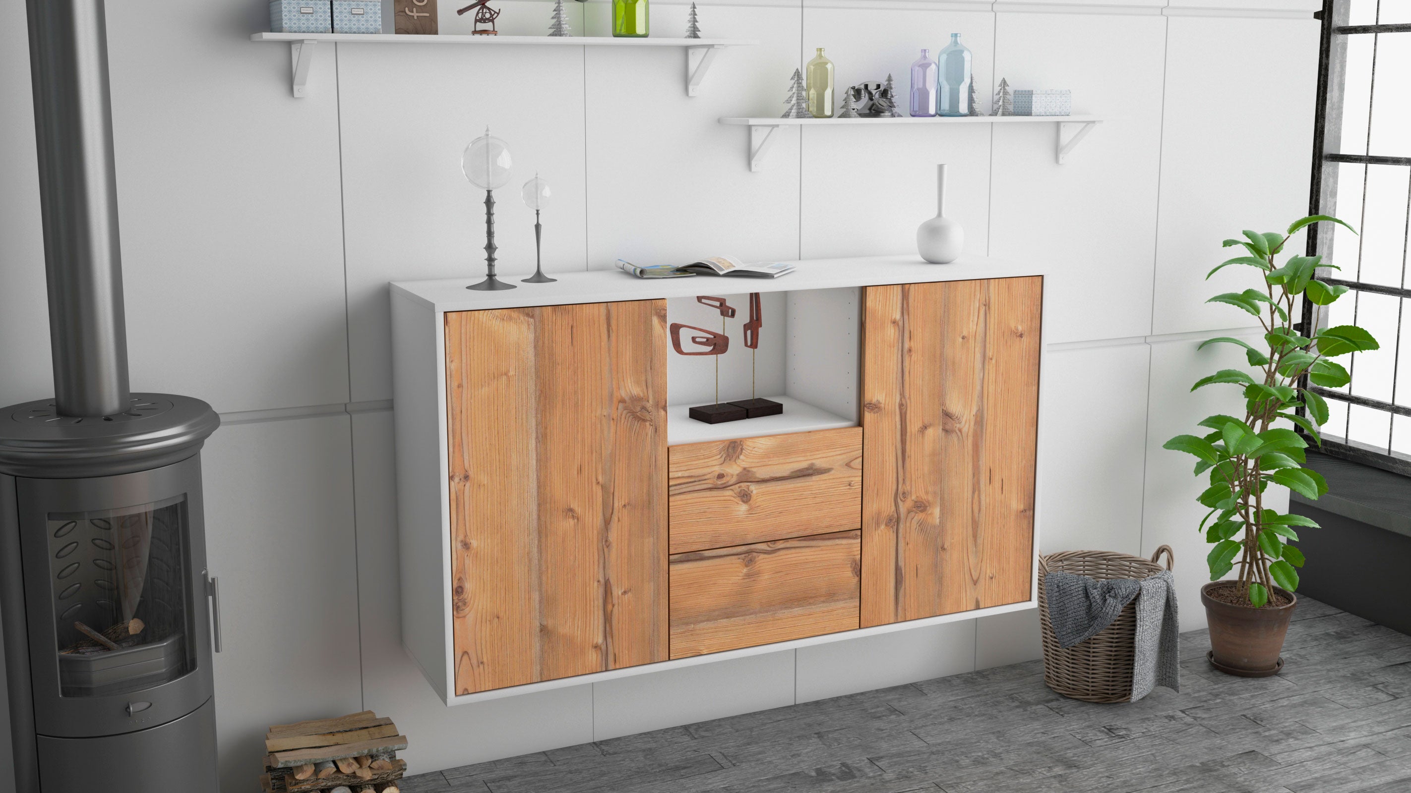 Sideboard - Donika - Design Holzdekor - Wandmontage mit Push to Open 136 cm Weiss