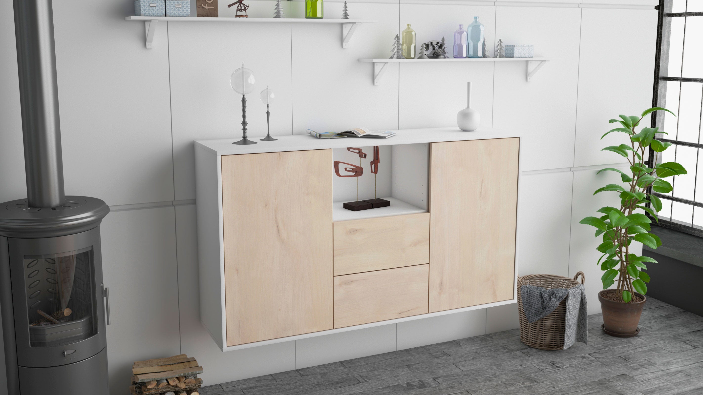 Sideboard - Donika - Design Holzdekor - Wandmontage mit Push to Open 136 cm Weiss