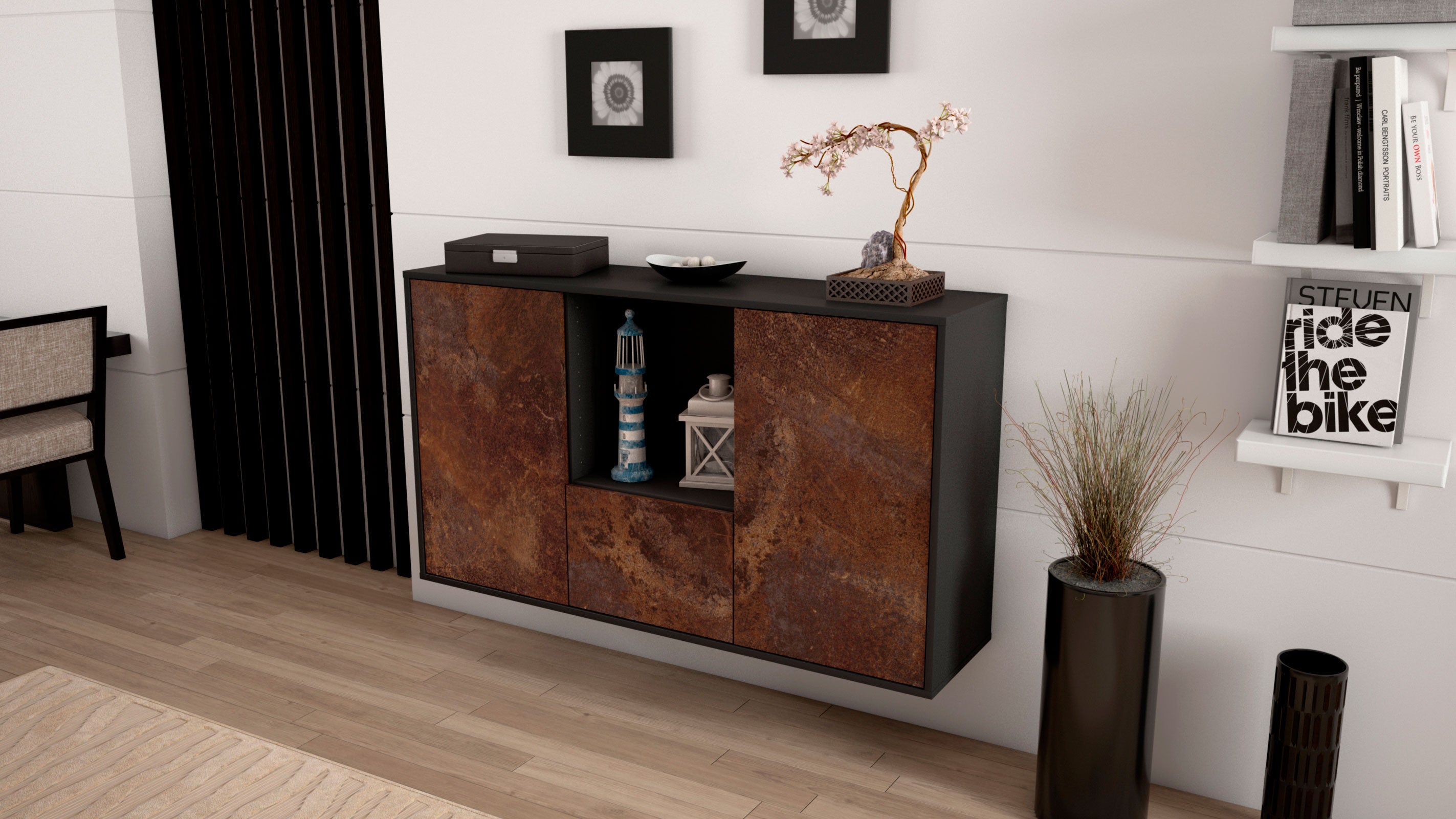 Sideboard - Dhonna - Design Industrie Stil - Wandmontage mit Push to Open 136 cm Anthrazit