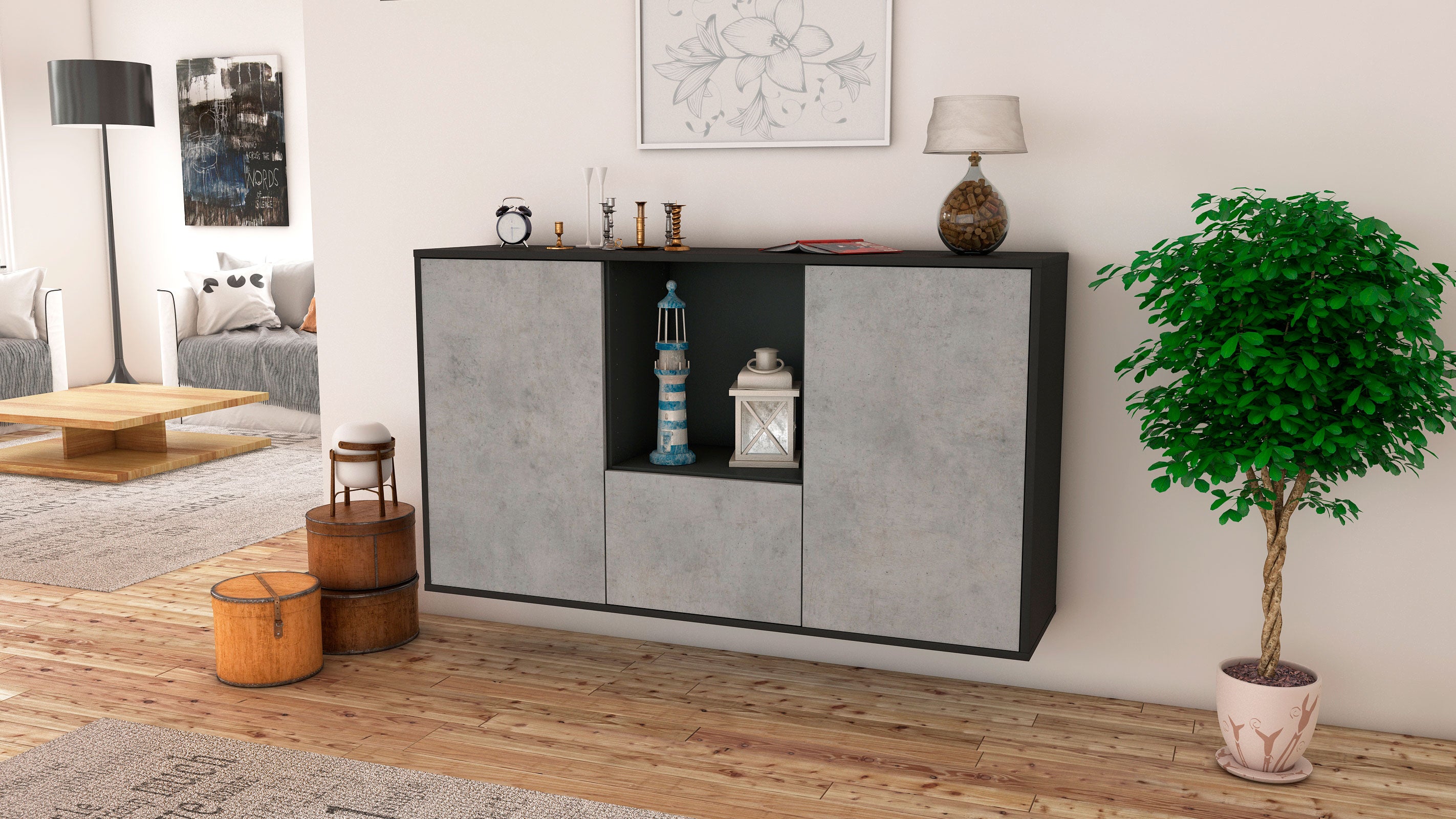 Sideboard - Dhonna - Design Industrie Stil - Wandmontage mit Push to Open 136 cm Anthrazit