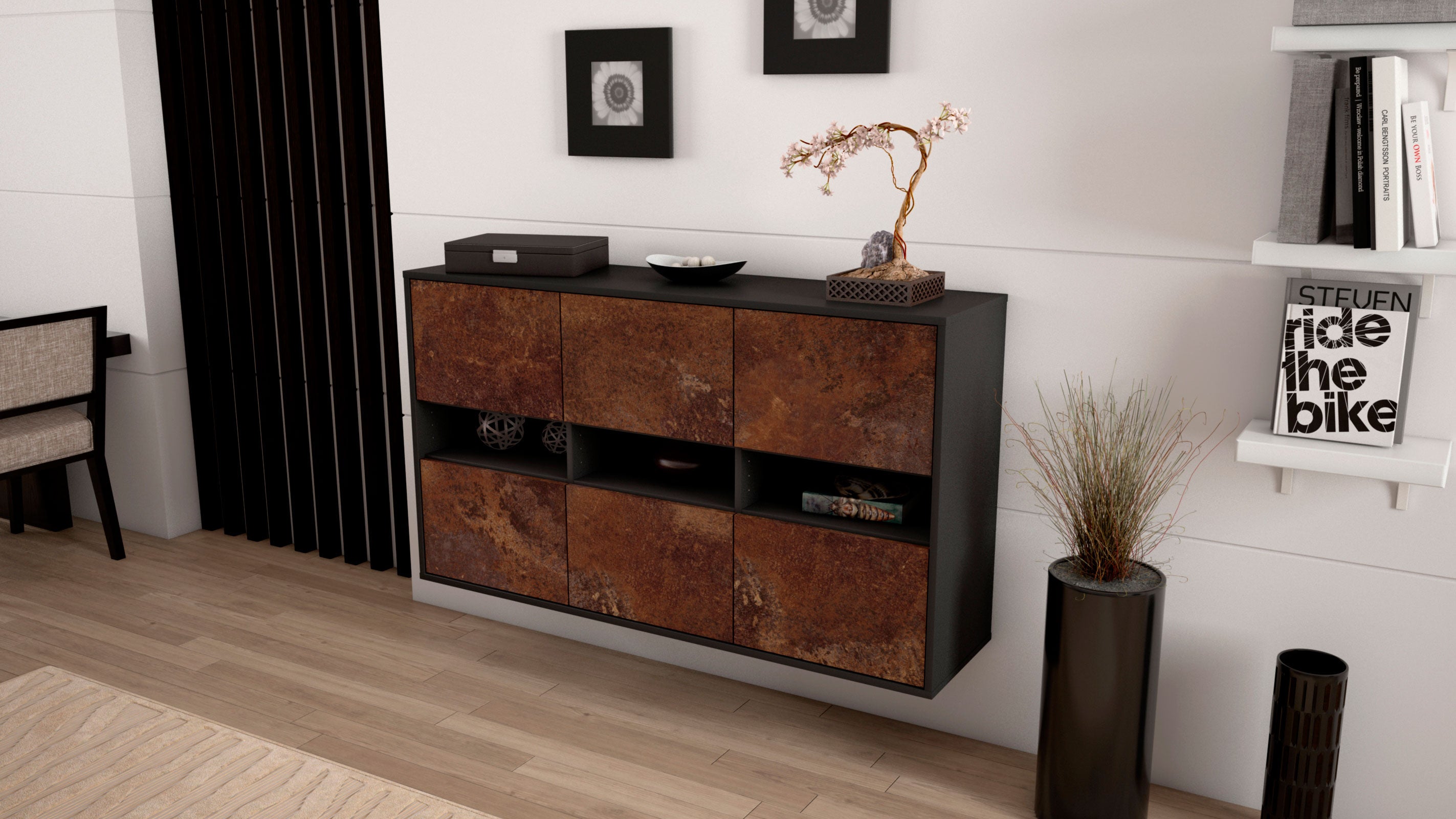 Sideboard - Diletta - Design Industrie Stil - Wandmontage mit Push to Open 136 cm Anthrazit