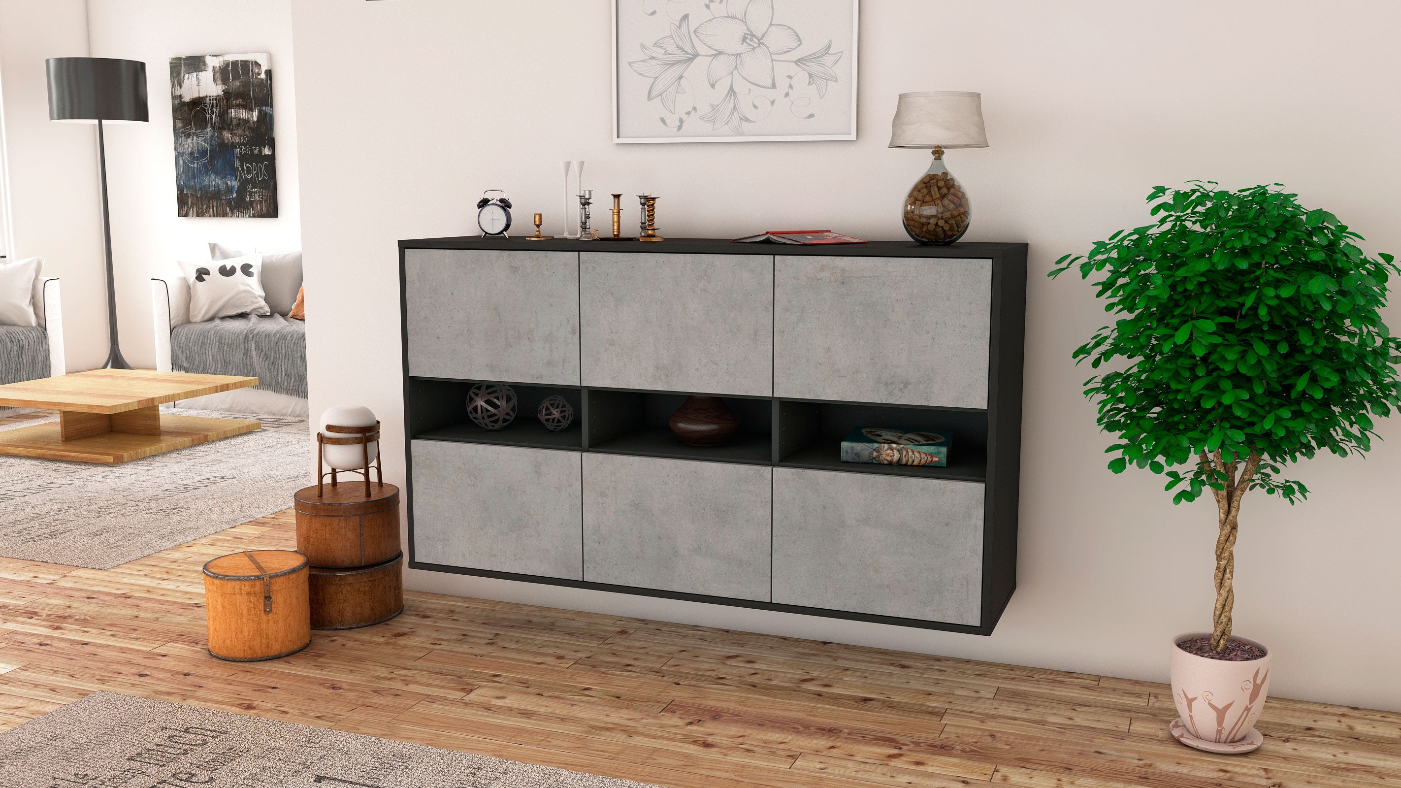 Sideboard - Diletta - Design Industrie Stil - Wandmontage mit Push to Open 136 cm Anthrazit
