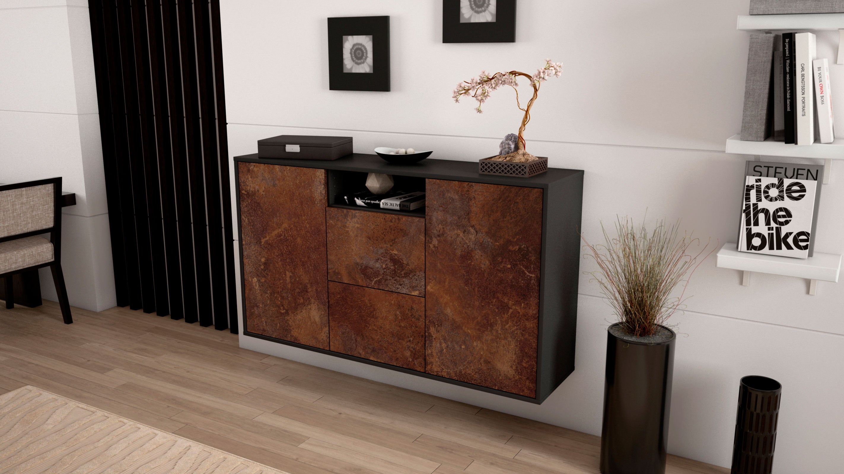 Sideboard - Dimphi - Design Industrie Stil - Wandmontage mit Push to Open 136 cm Anthrazit