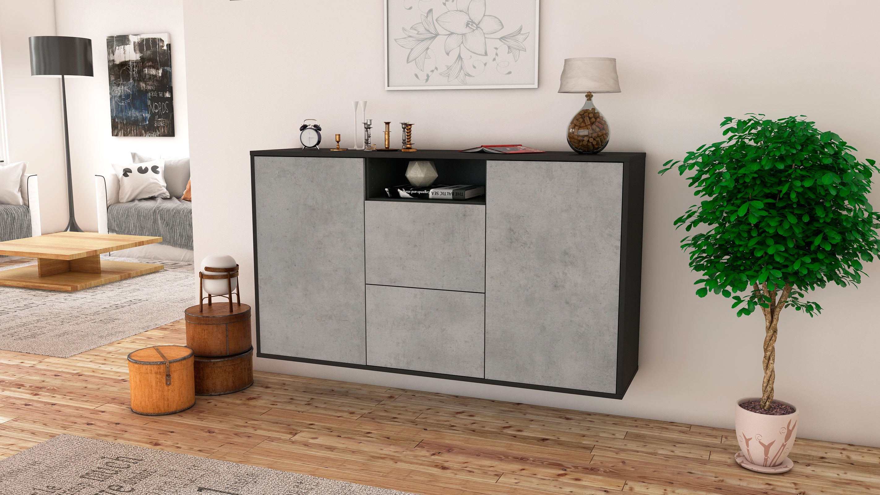 Sideboard - Dimphi - Design Industrie Stil - Wandmontage mit Push to Open 136 cm Anthrazit