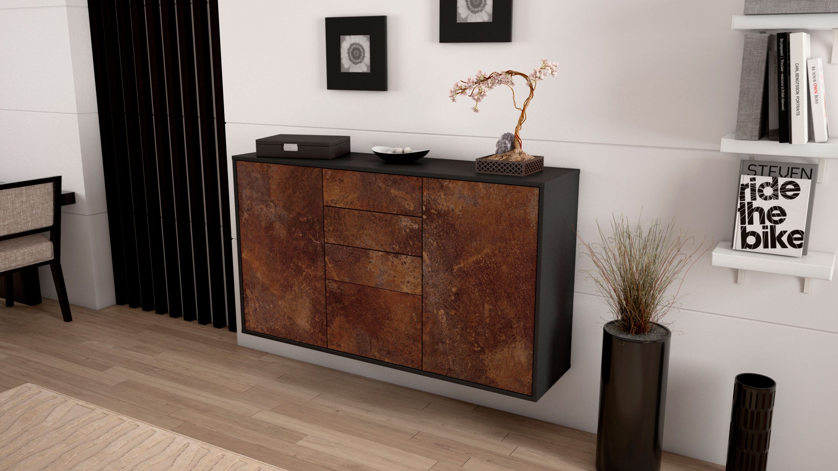 Sideboard - Donatella - Design Industrie Stil - Wandmontage mit Push to Open 136 cm Anthrazit