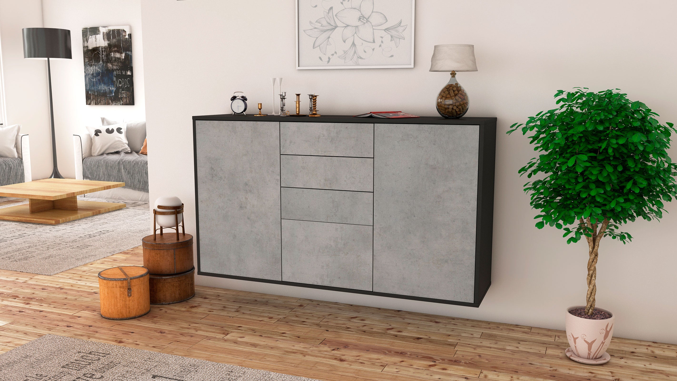 Sideboard - Donatella - Design Industrie Stil - Wandmontage mit Push to Open 136 cm Anthrazit