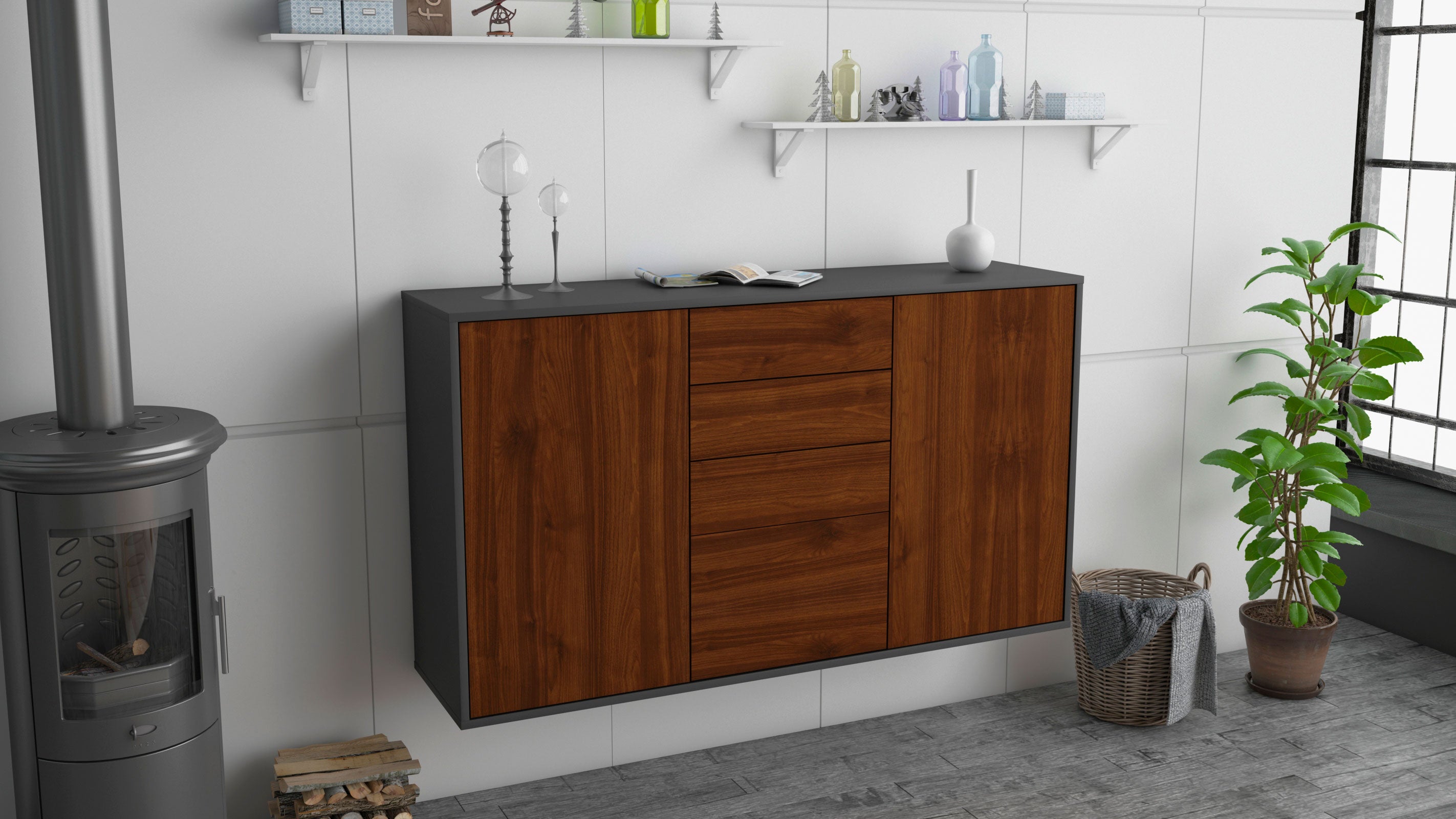Sideboard - Donatella - Design Holzdekor - Wandmontage mit Push to Open 136 cm Anthrazit