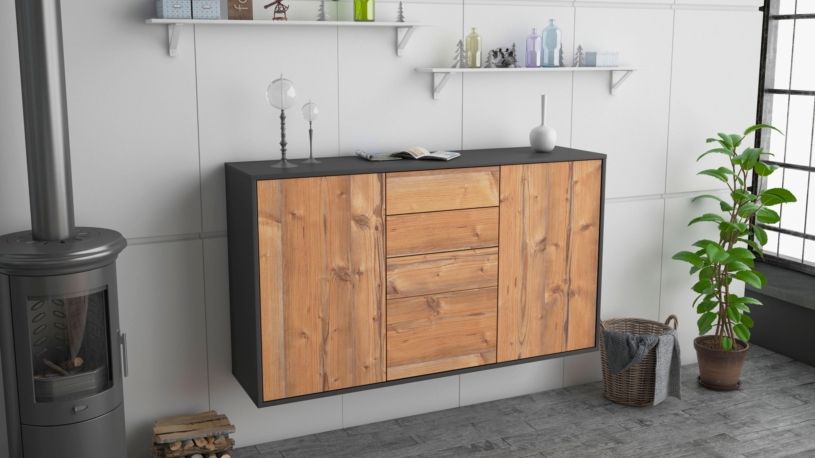 Sideboard - Donatella - Design Holzdekor - Wandmontage mit Push to Open 136 cm Anthrazit