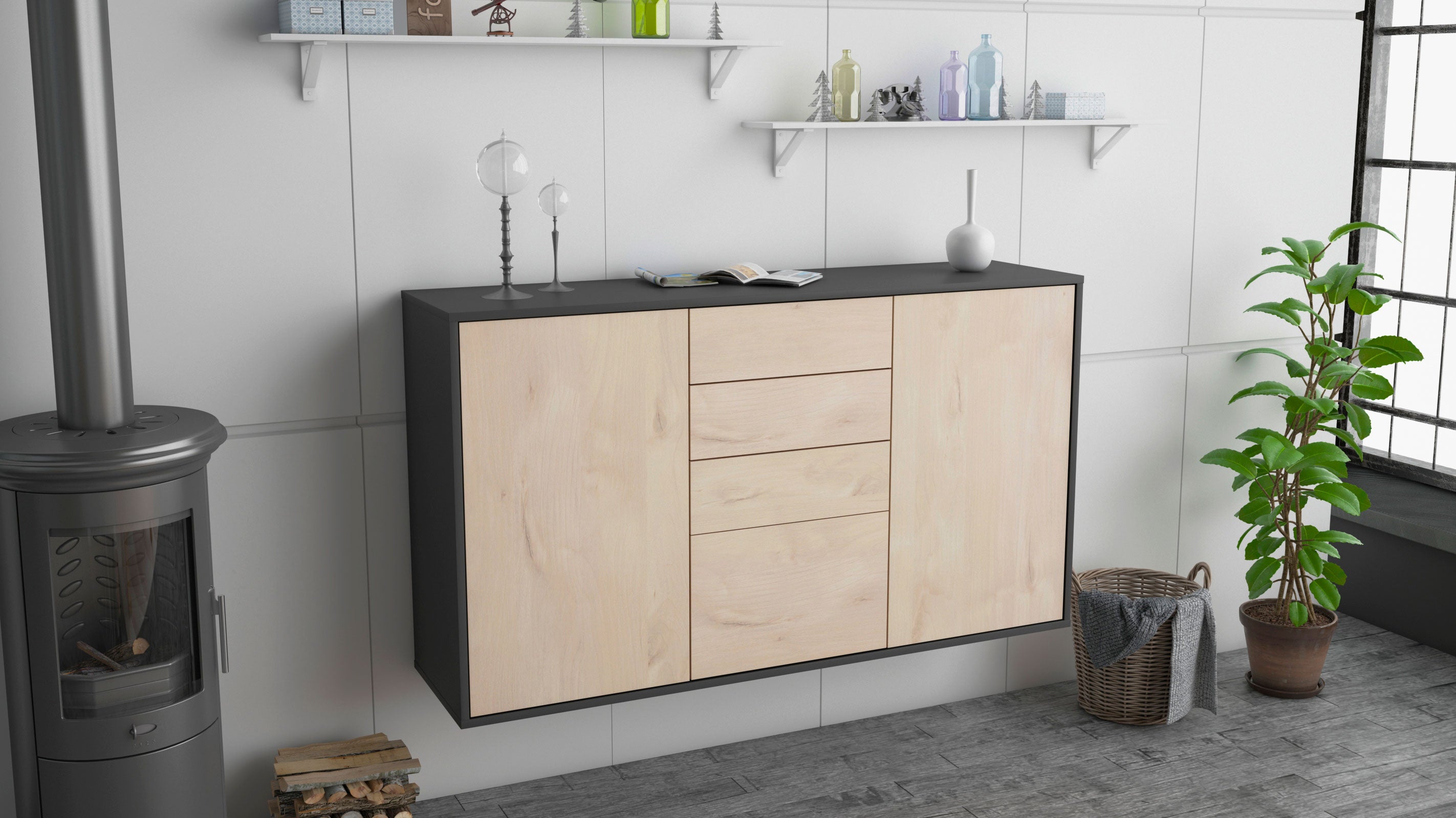 Sideboard - Donatella - Design Holzdekor - Wandmontage mit Push to Open 136 cm Anthrazit