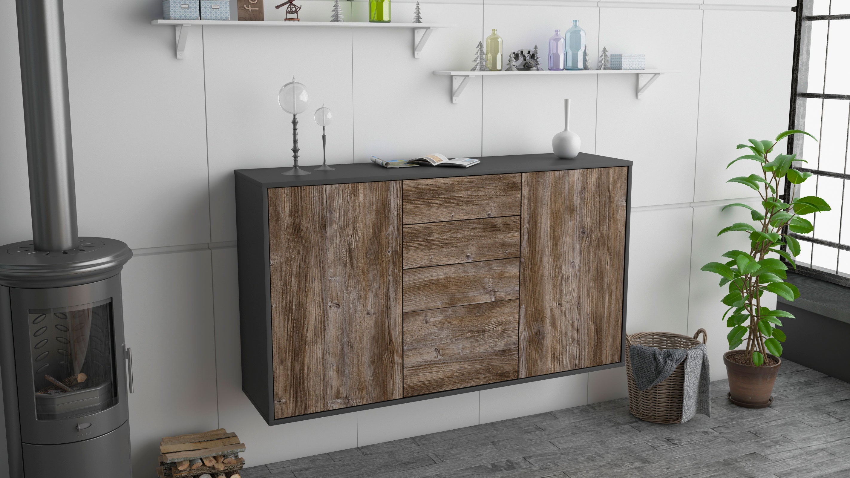Sideboard - Donatella - Design Holzdekor - Wandmontage mit Push to Open 136 cm Anthrazit