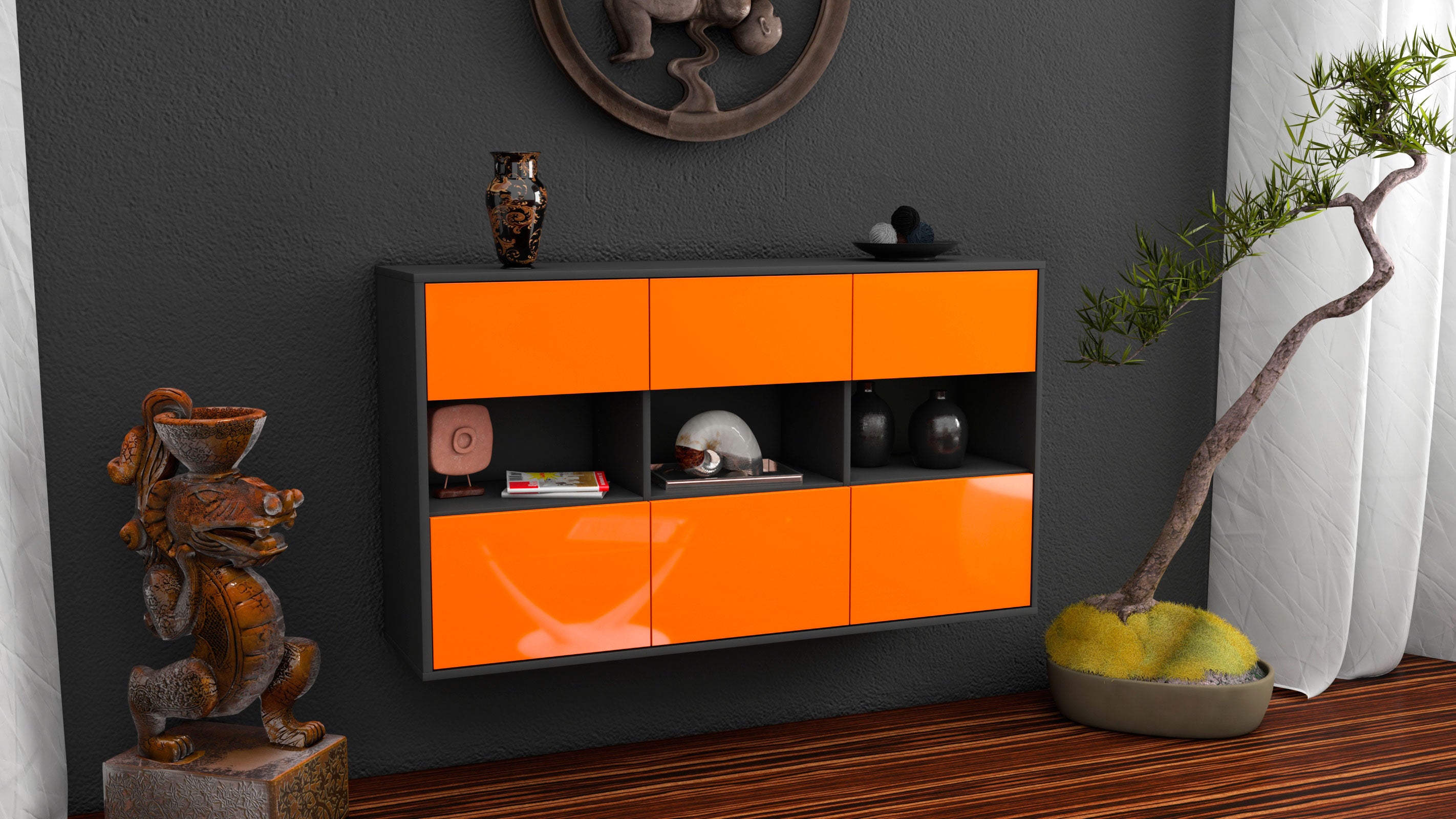 Sideboard - Dorett - Design Hochglanz - Wandmontage mit Push to Open 136 cm Anthrazit