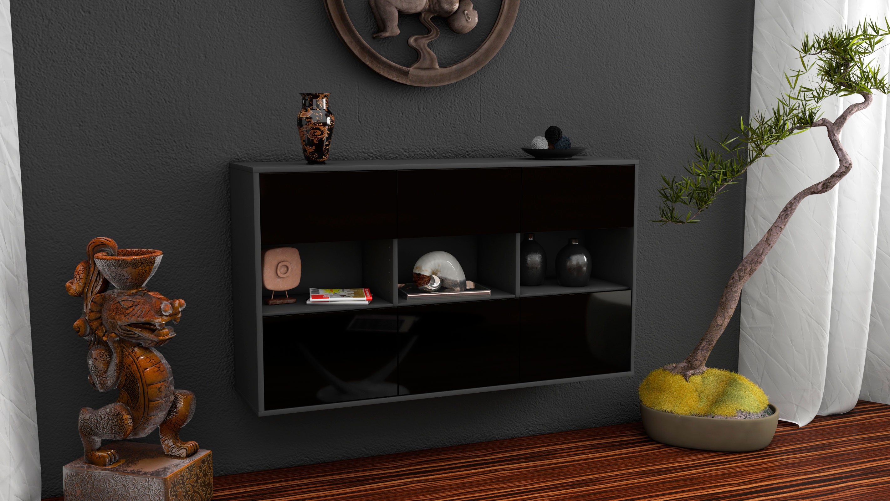 Sideboard - Dorett - Design Hochglanz - Wandmontage mit Push to Open 136 cm Anthrazit