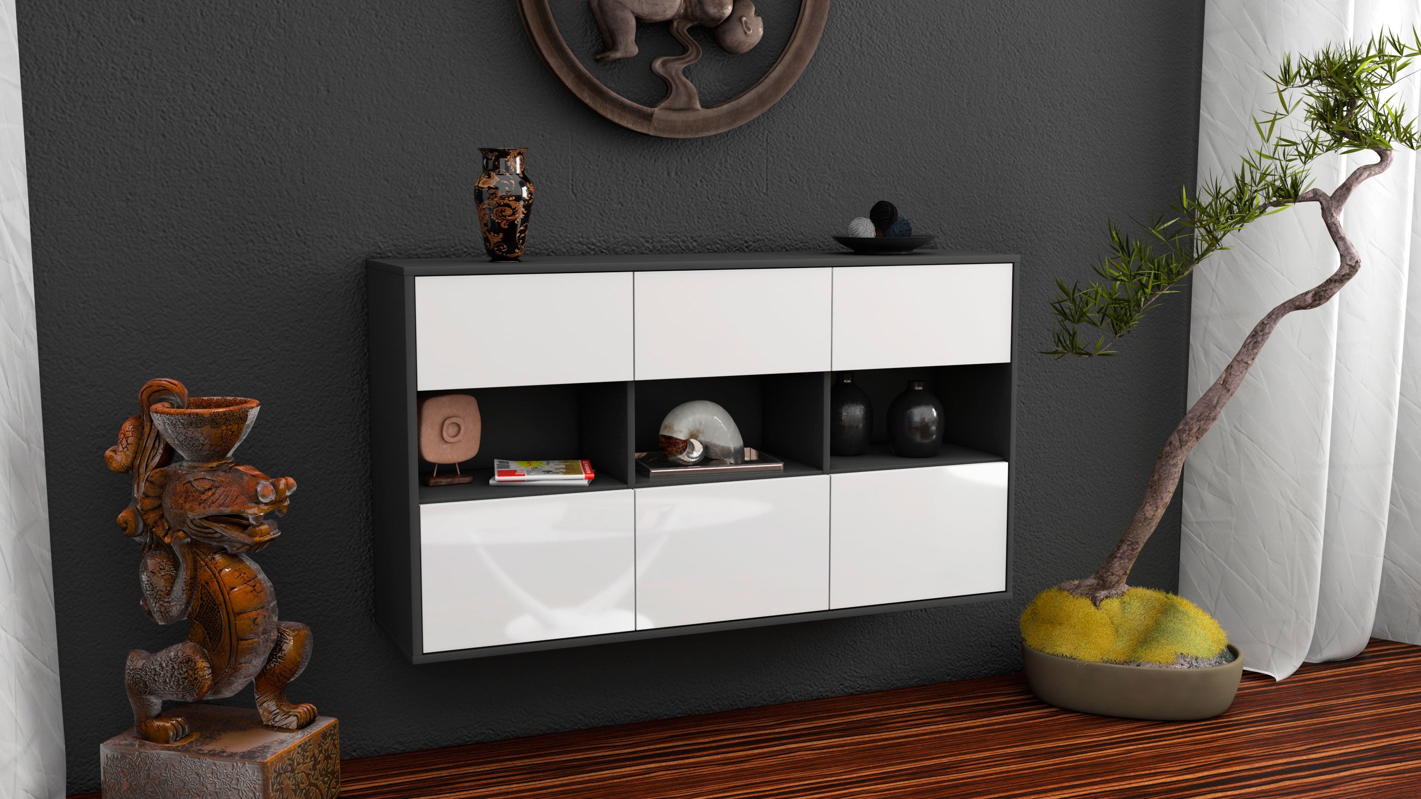Sideboard - Dorett - Design Hochglanz - Wandmontage mit Push to Open 136 cm Anthrazit
