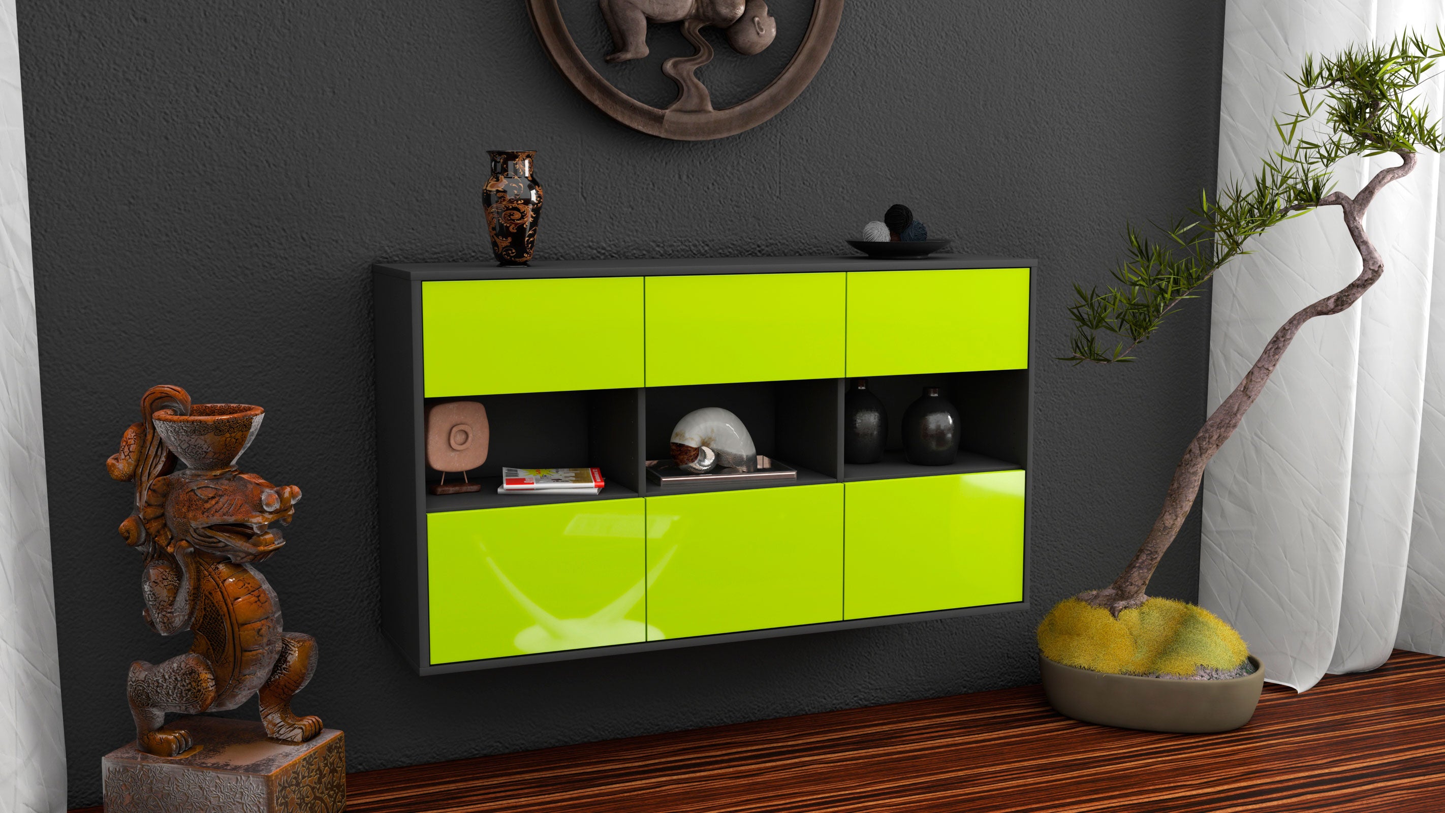 Sideboard - Dorett - Design Hochglanz - Wandmontage mit Push to Open 136 cm Anthrazit