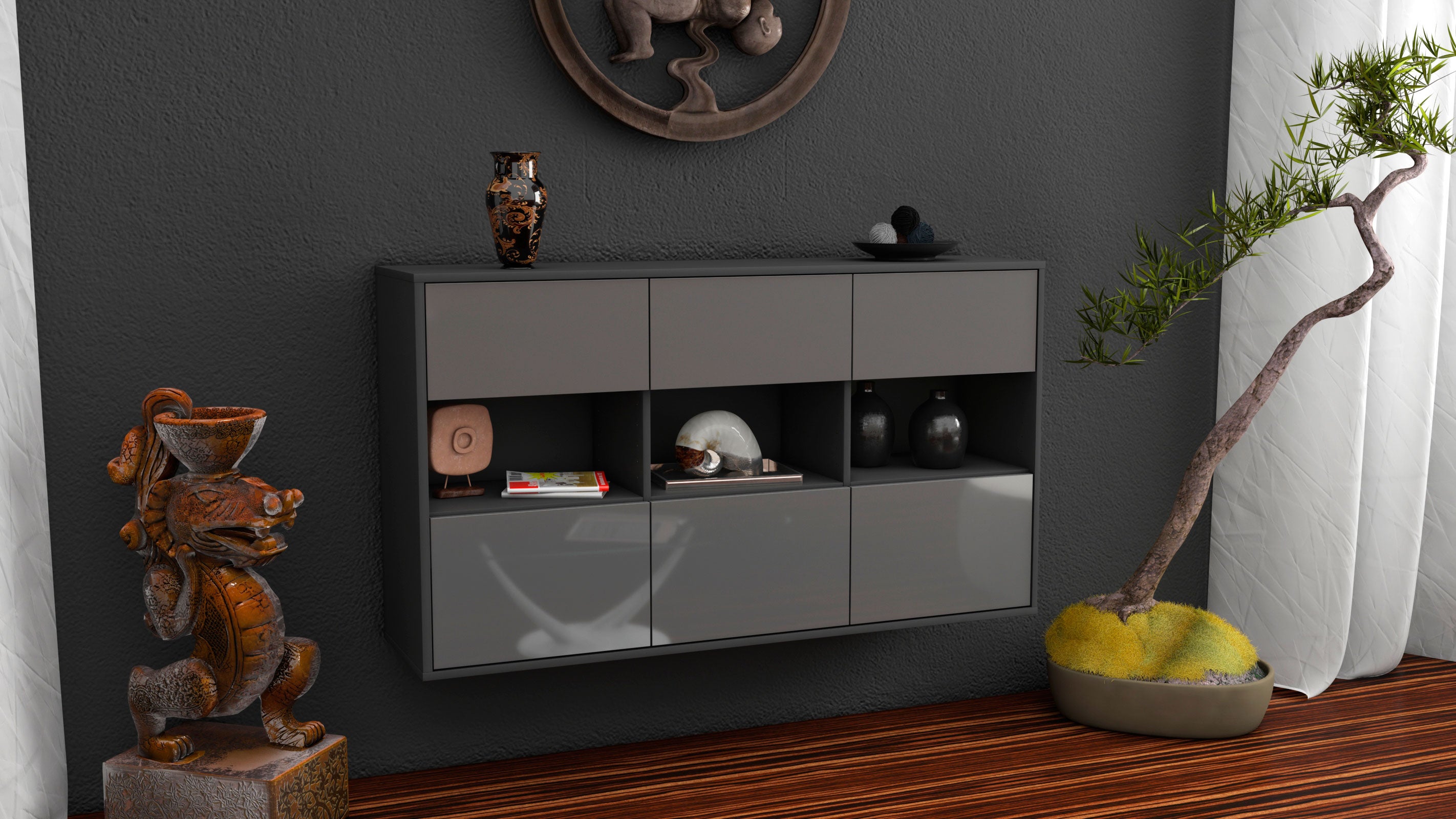 Sideboard - Dorett - Design Hochglanz - Wandmontage mit Push to Open 136 cm Anthrazit