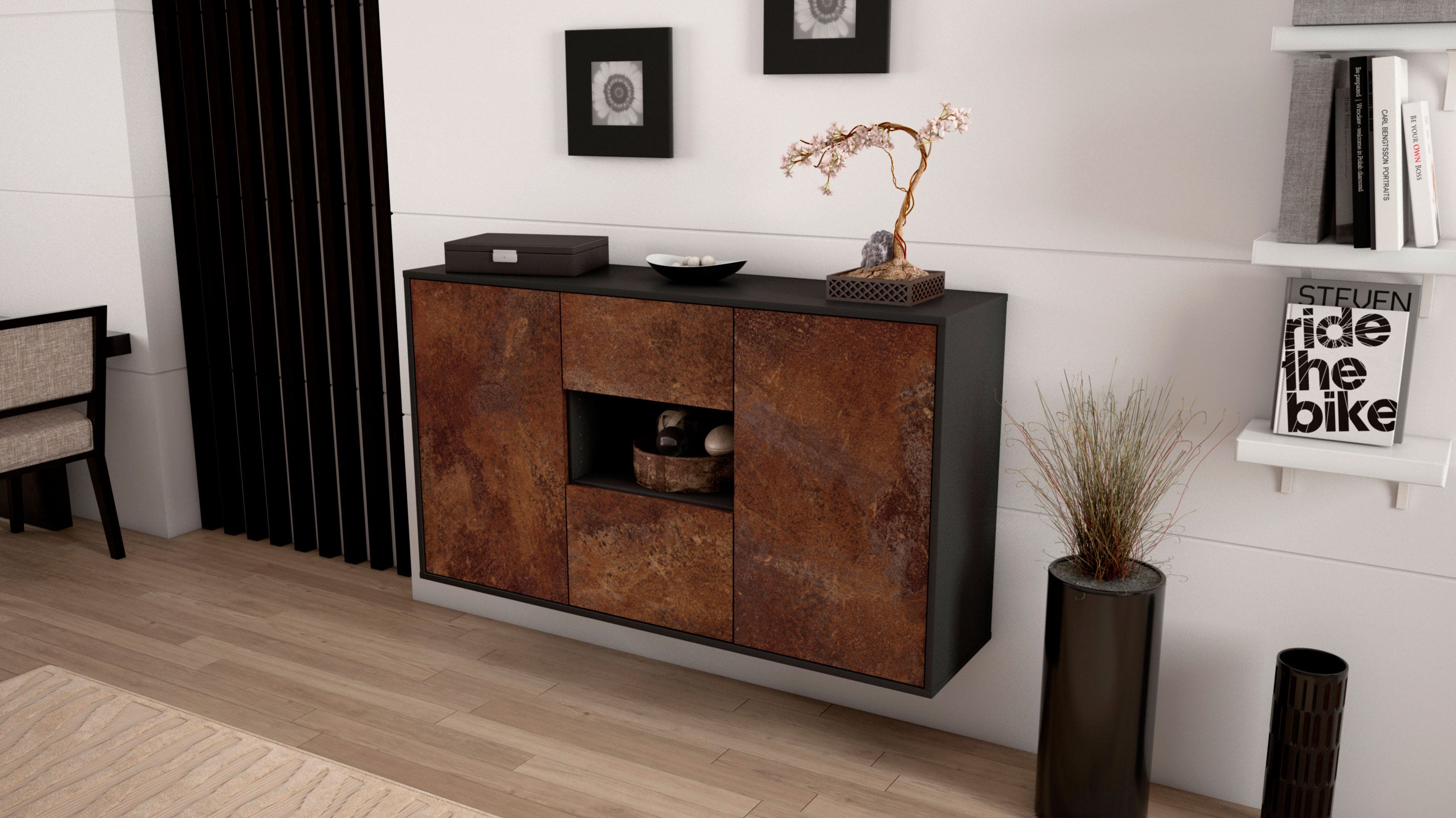 Sideboard - Doriana - Design Industrie Stil - Wandmontage mit Push to Open 136 cm Anthrazit