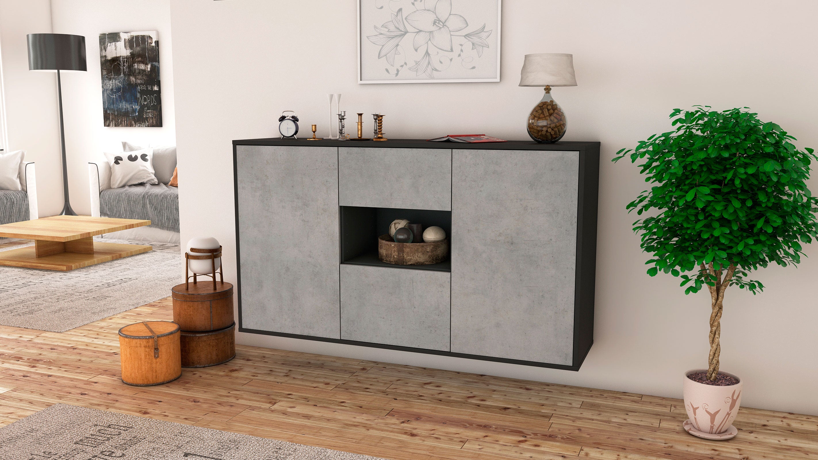 Sideboard - Doriana - Design Industrie Stil - Wandmontage mit Push to Open 136 cm Anthrazit